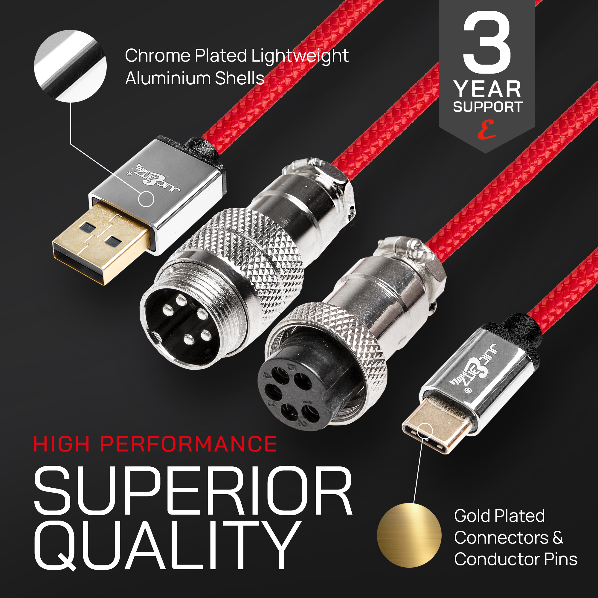 PRO Series Retractable Coiled USB 2.0 to GX16 + GX16 to USB-C Cable for Mechanical Keyboard - Red