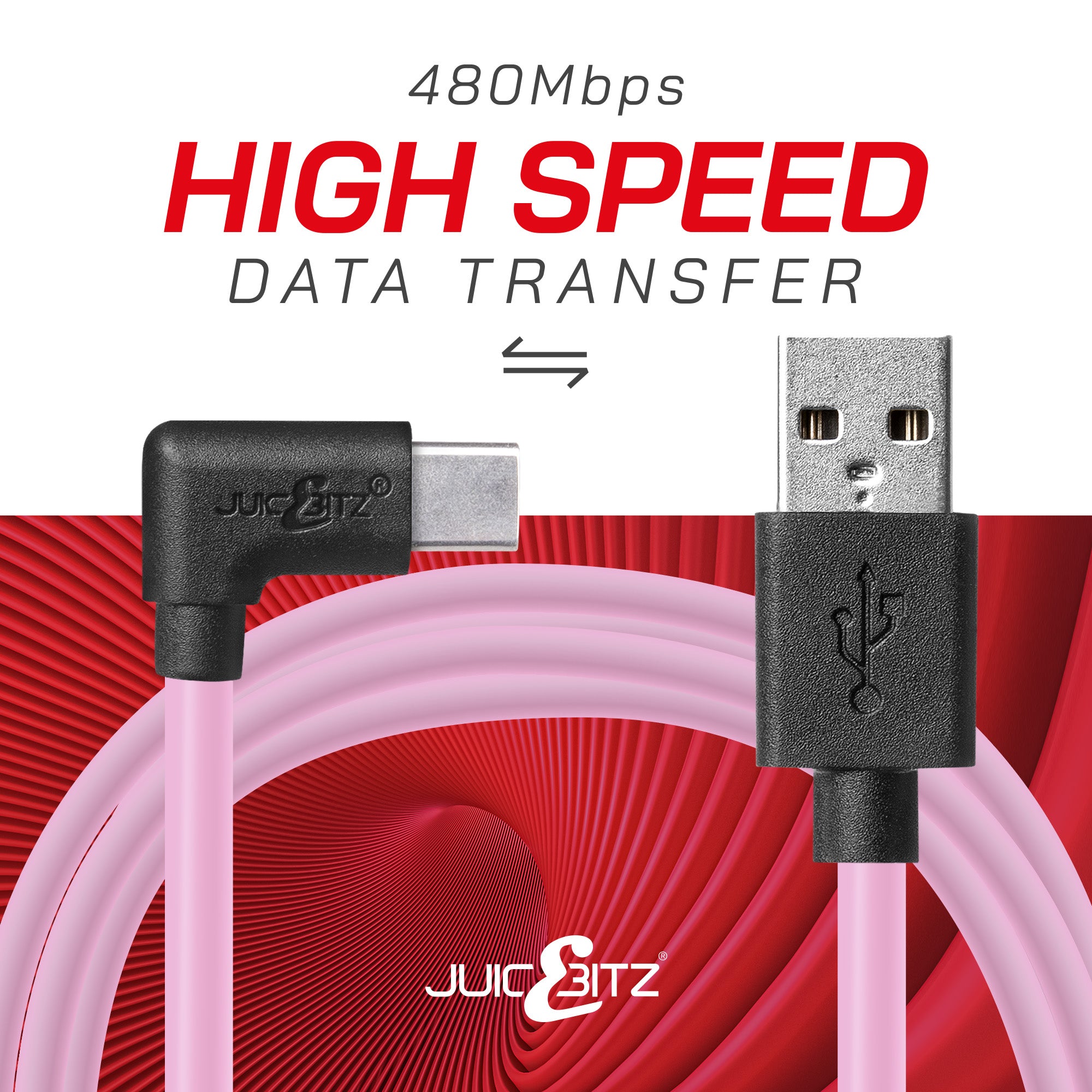 USB 2.0 Male to Angled USB-C 3A Fast Charger Data Cable - Pink