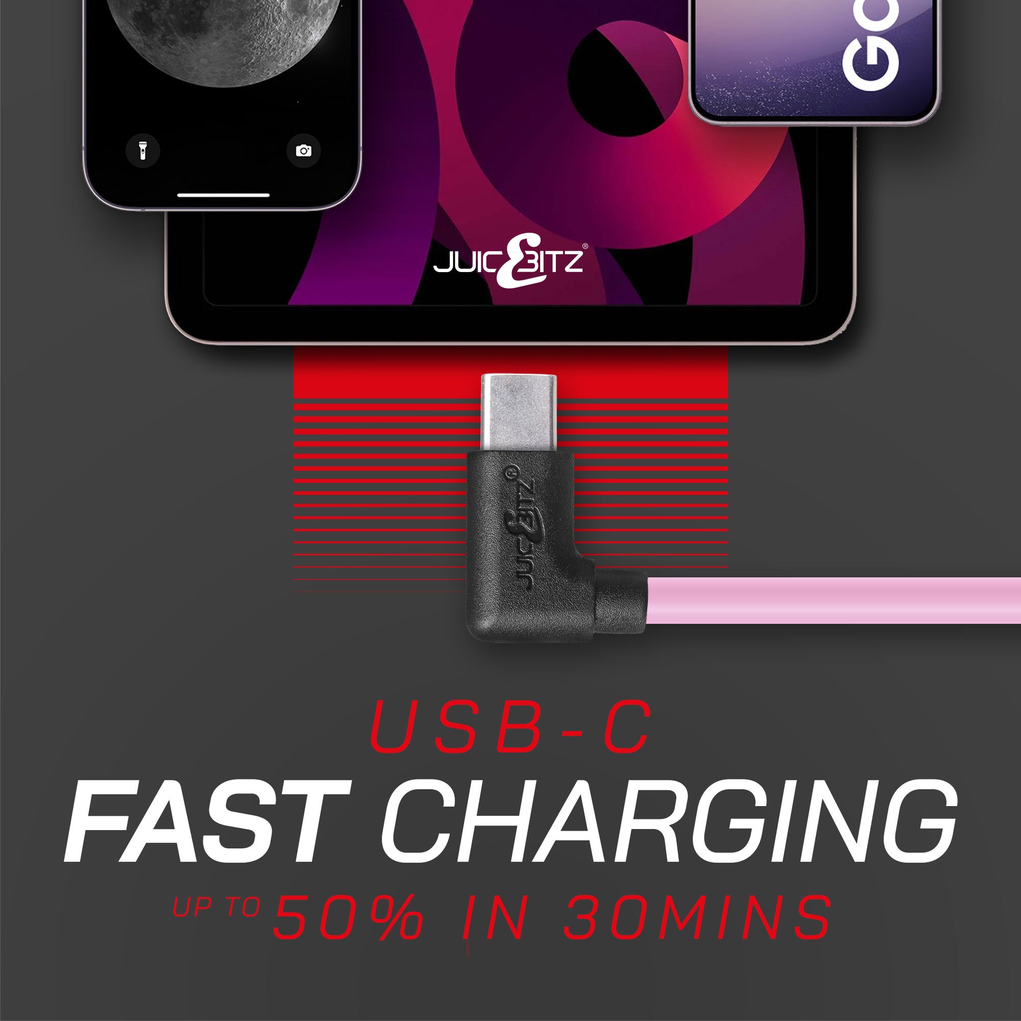 USB 2.0 Male to Angled USB-C 3A Fast Charger Data Cable - Pink