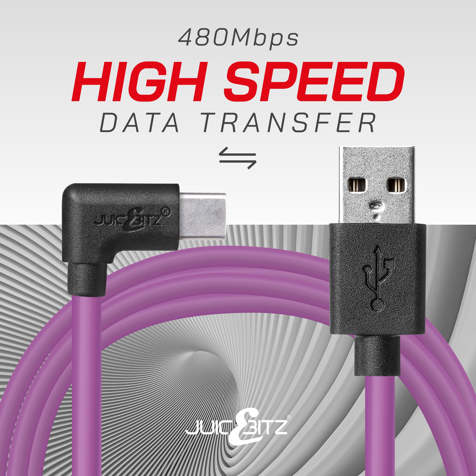 USB 2.0 Male to Angled USB-C 3A Fast Charger Data Cable - Purple