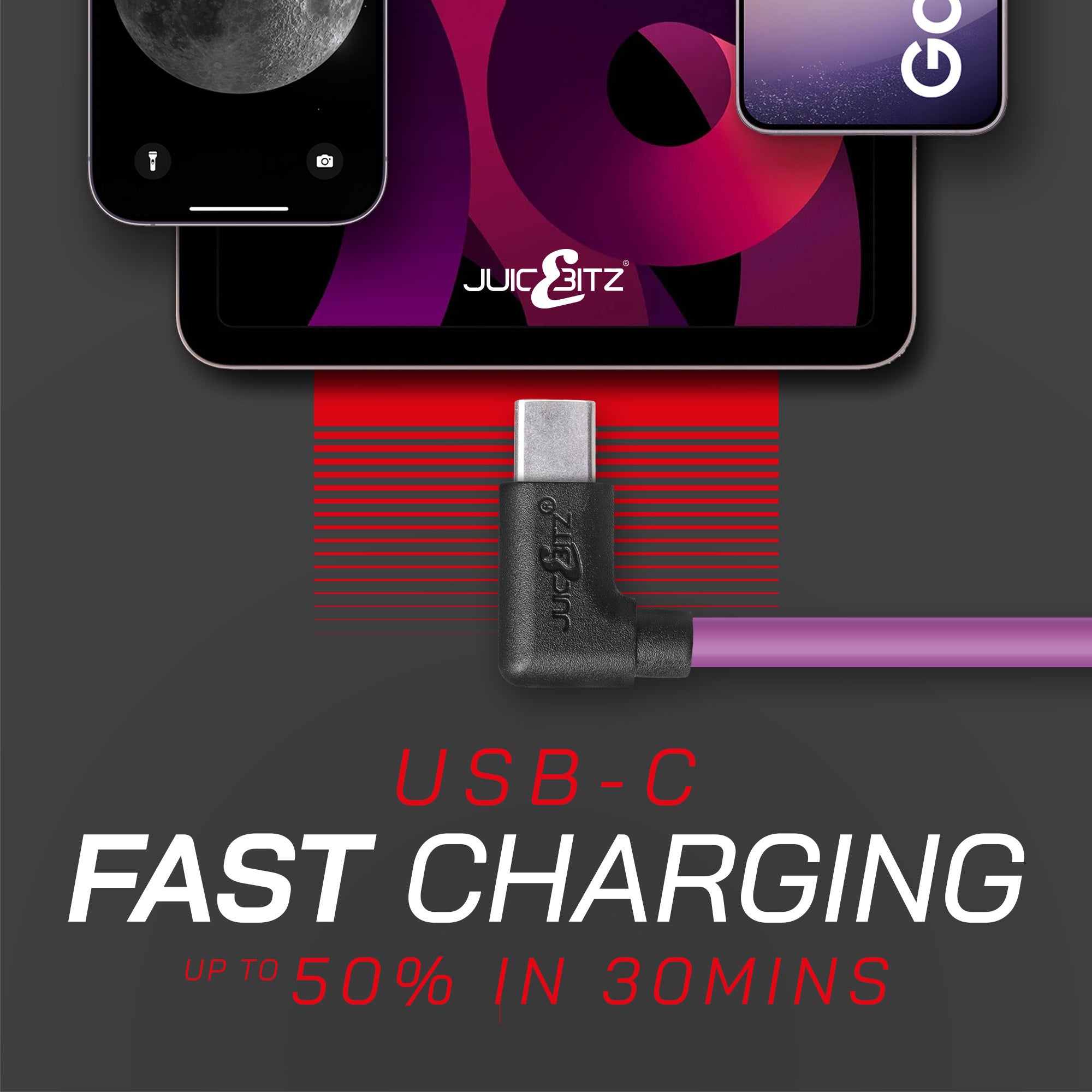 USB 2.0 Male to Angled USB-C 3A Fast Charger Data Cable - Purple