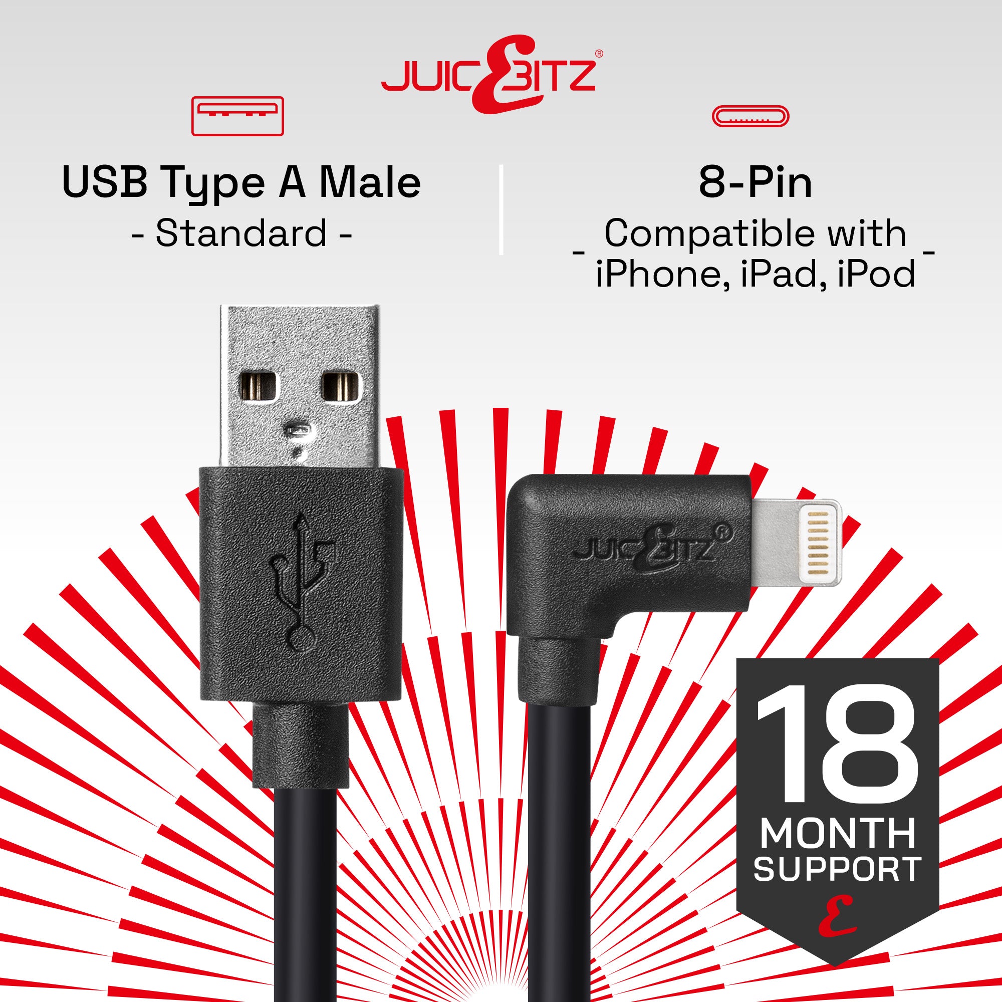 Heavy Duty Angled USB Charger Cable Data Sync Lead for iPhone, iPad, iPod - Black