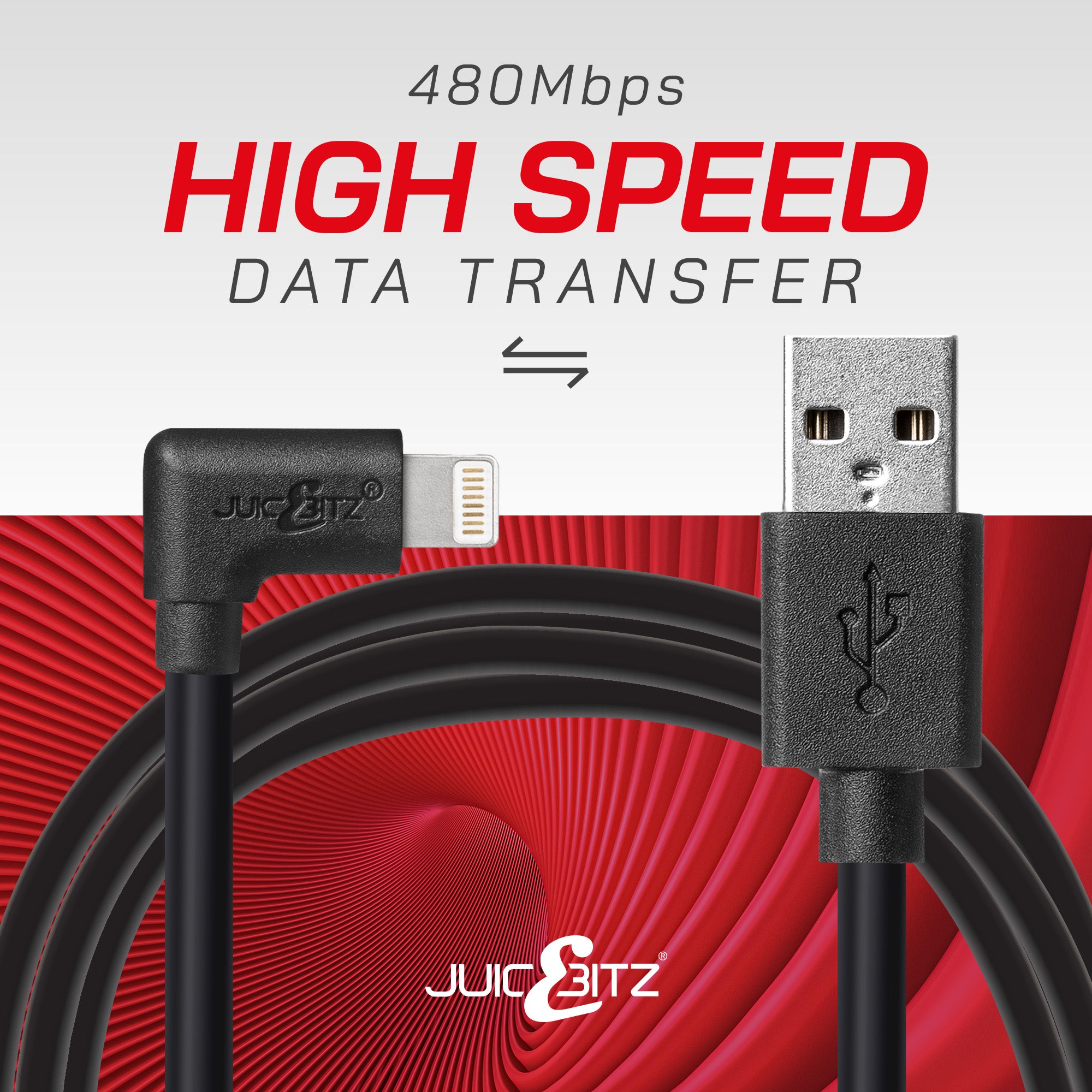 Heavy Duty Angled USB Charger Cable Data Sync Lead for iPhone, iPad, iPod - Black