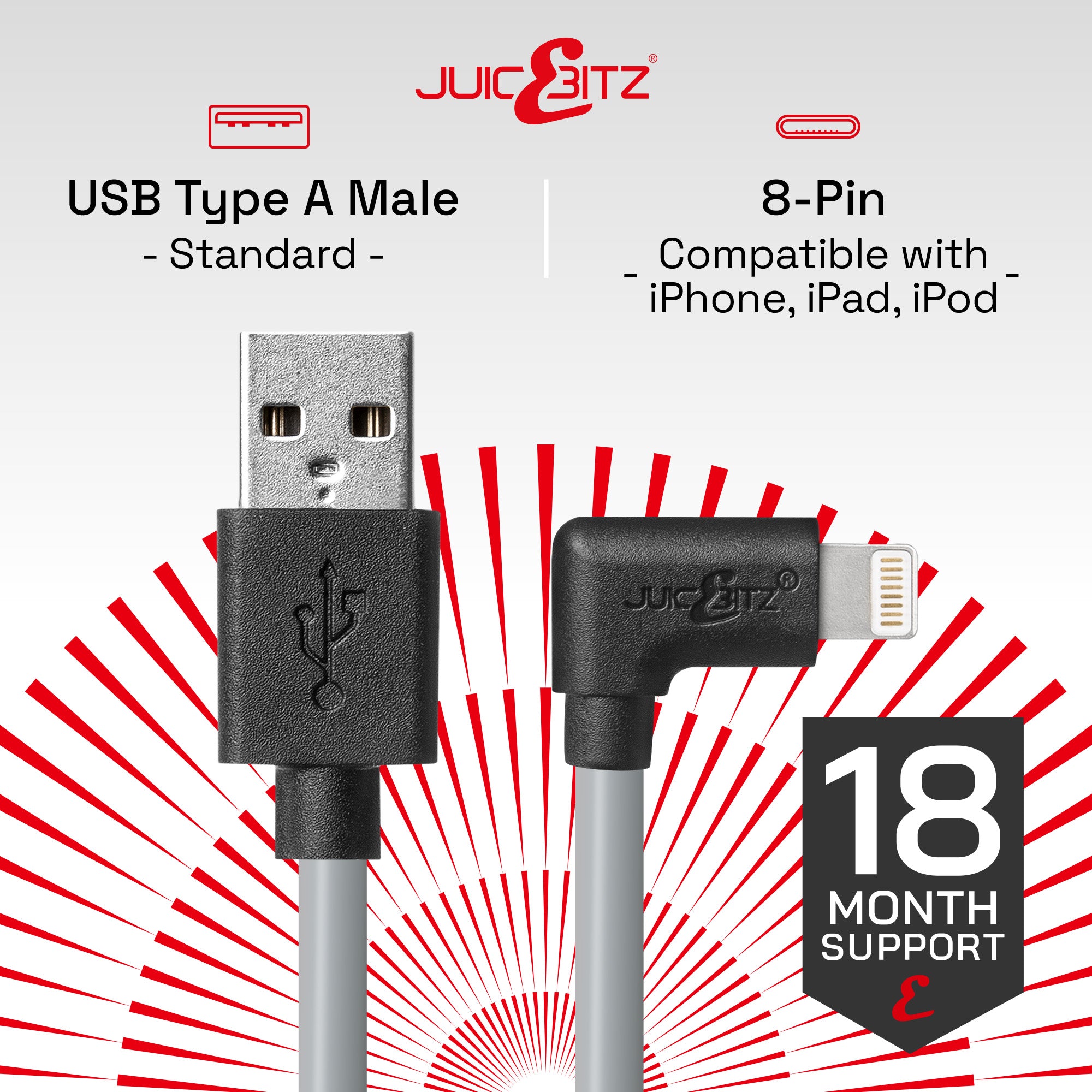 Heavy Duty Angled USB Charger Cable Data Sync Lead for iPhone, iPad, iPod - Grey