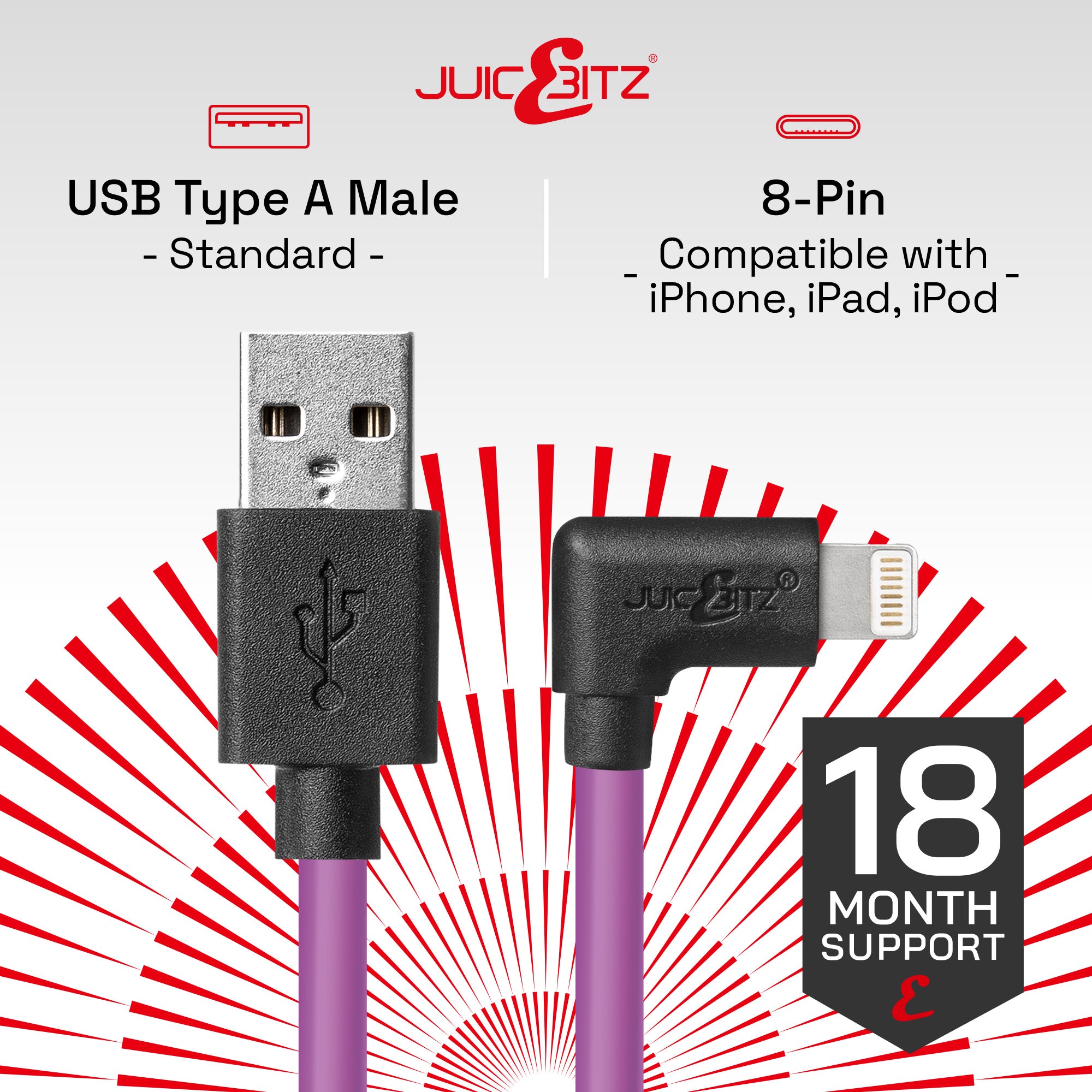 Heavy Duty Angled USB Charger Cable Data Sync Lead for iPhone, iPad, iPod - Purple