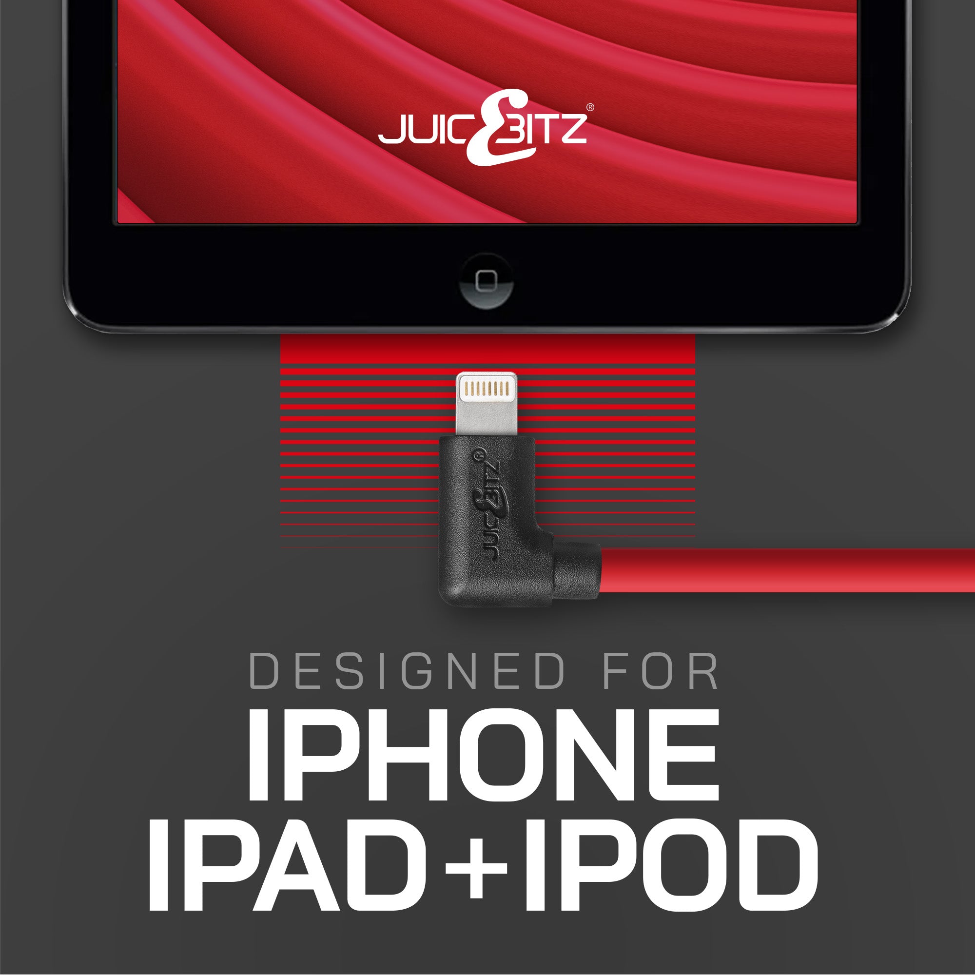 Heavy Duty Angled USB Charger Cable Data Sync Lead for iPhone, iPad, iPod - Red