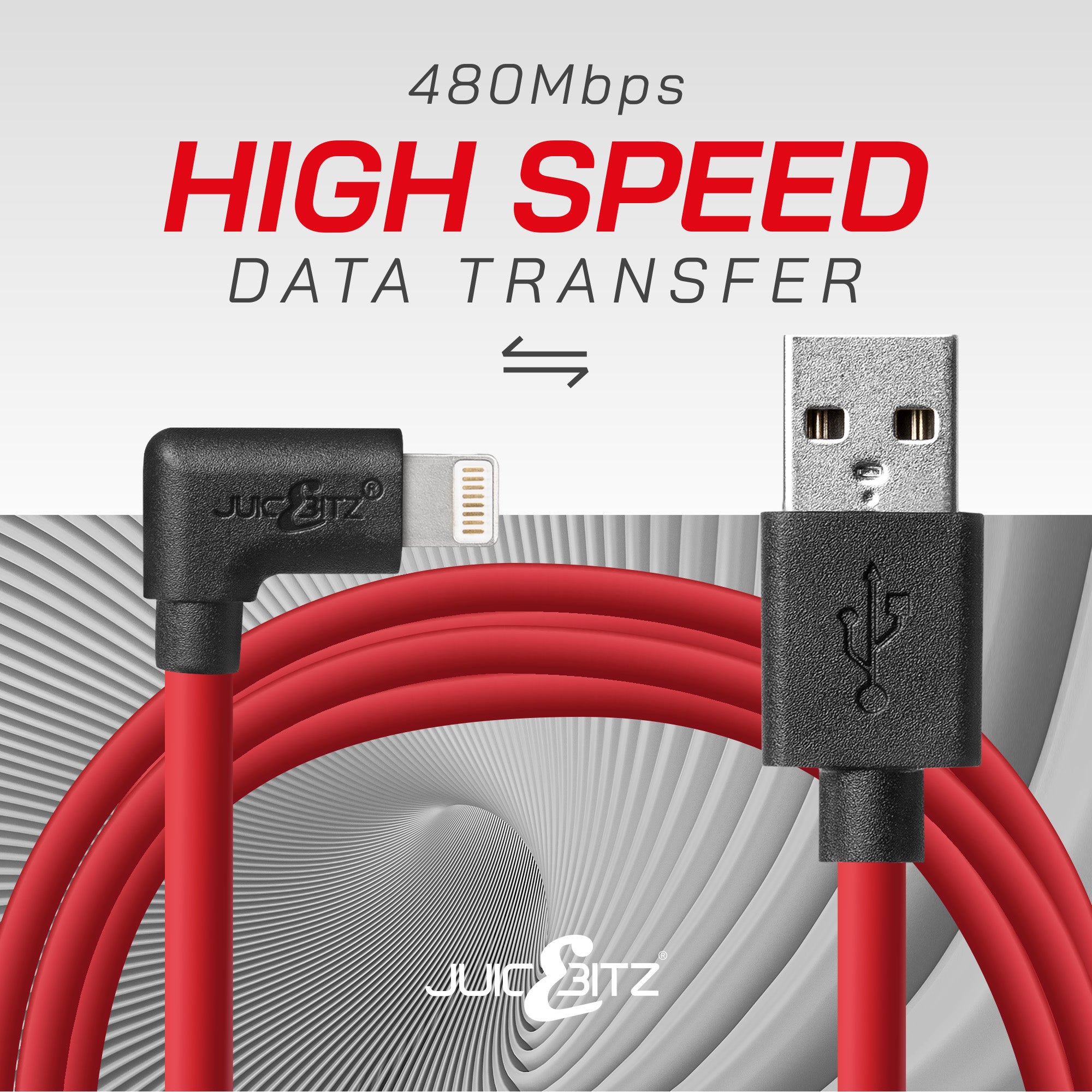 Heavy Duty Angled USB Charger Cable Data Sync Lead for iPhone, iPad, iPod - Red