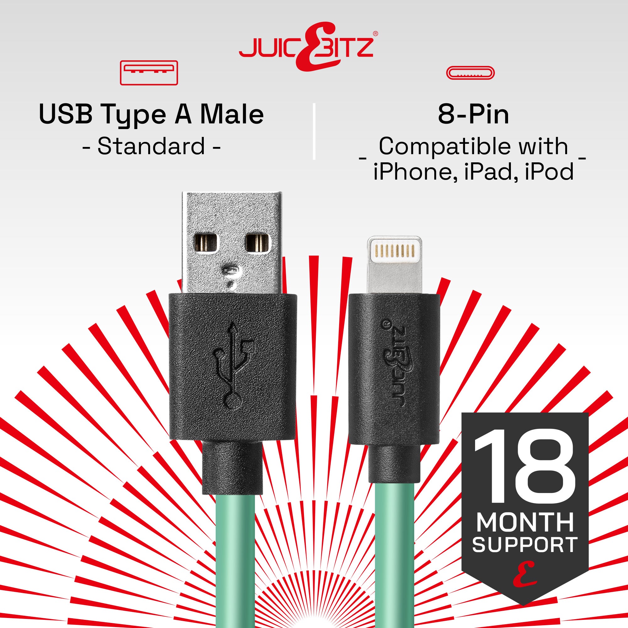 USB Charger Cable Data Sync Lead for iPhone, iPad, iPod - Green