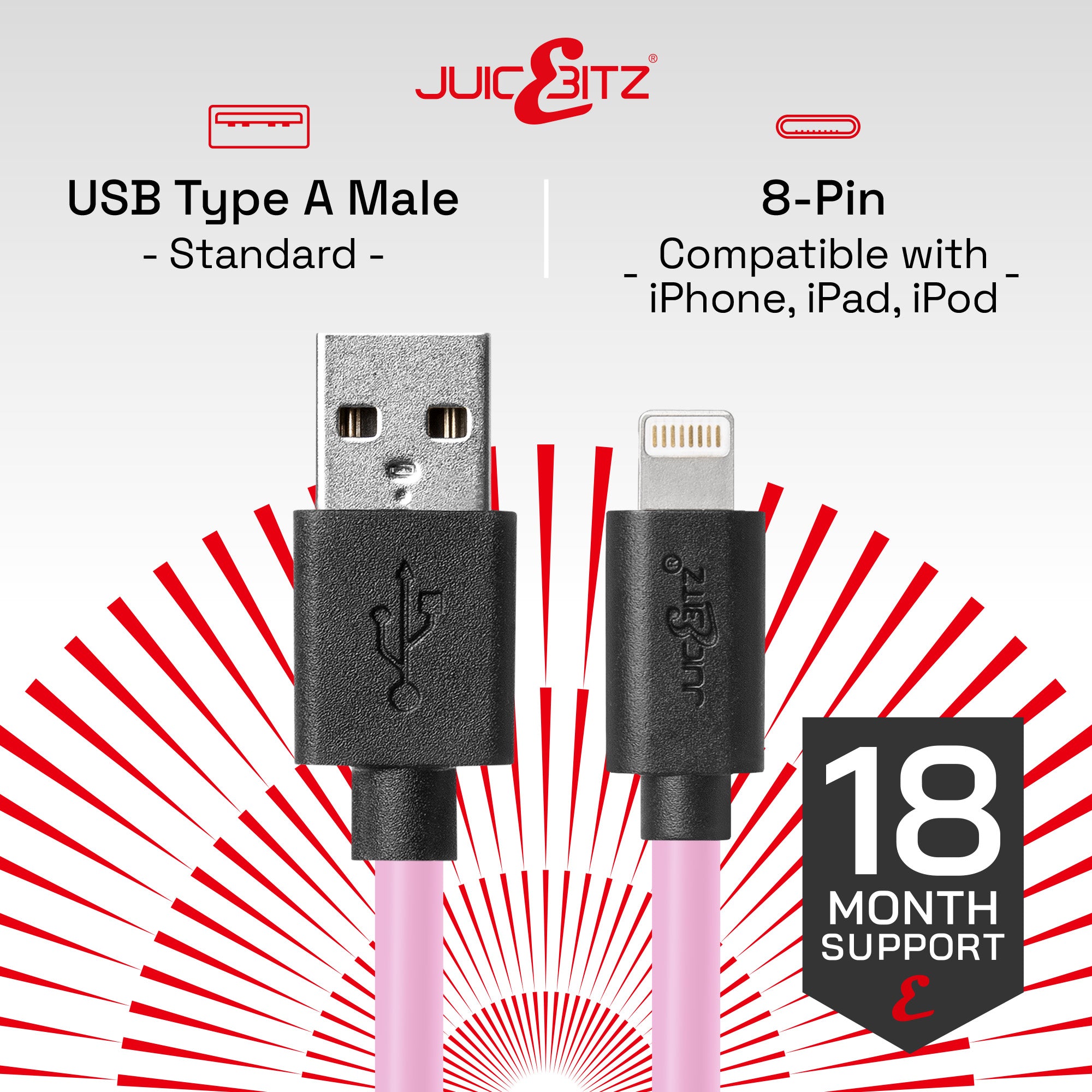 USB Charger Cable Data Sync Lead for iPhone, iPad, iPod - Pink
