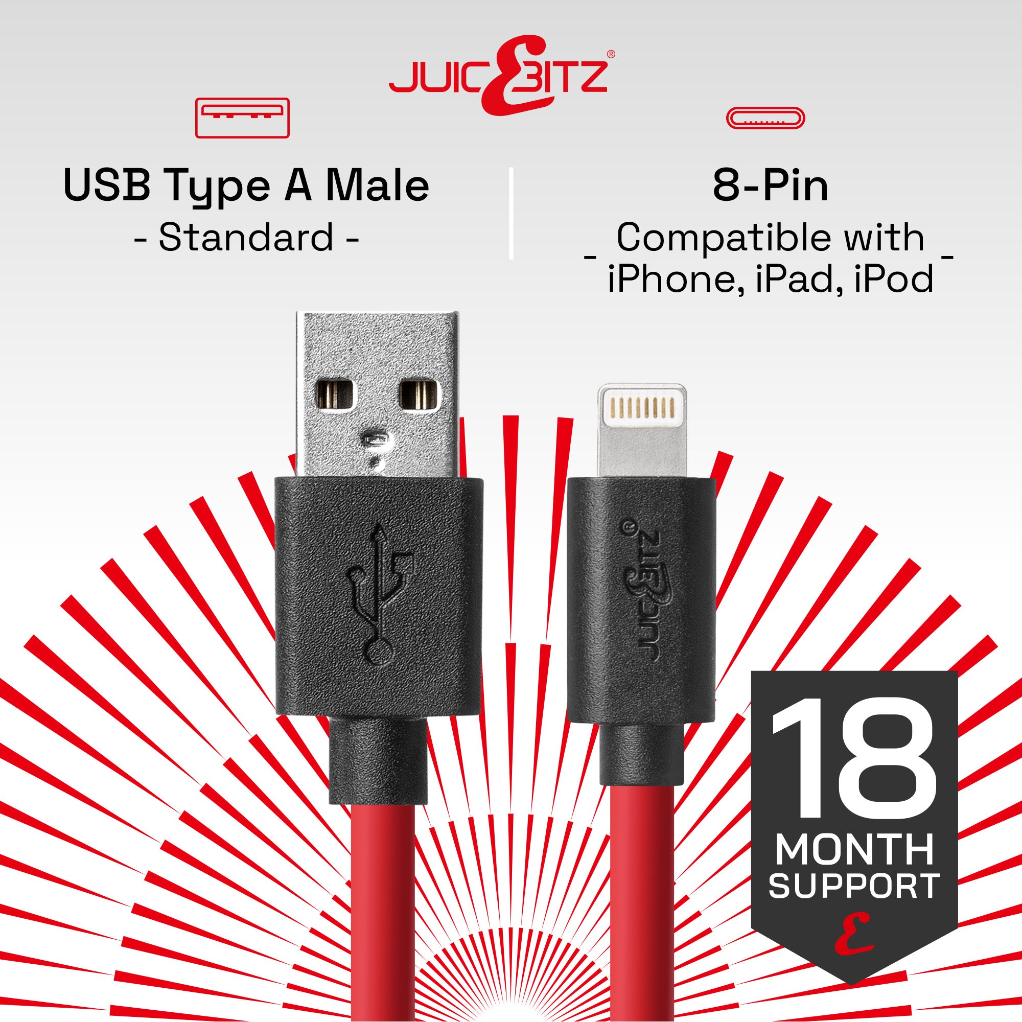 USB Charger Cable Data Sync Lead for iPhone, iPad, iPod - Red