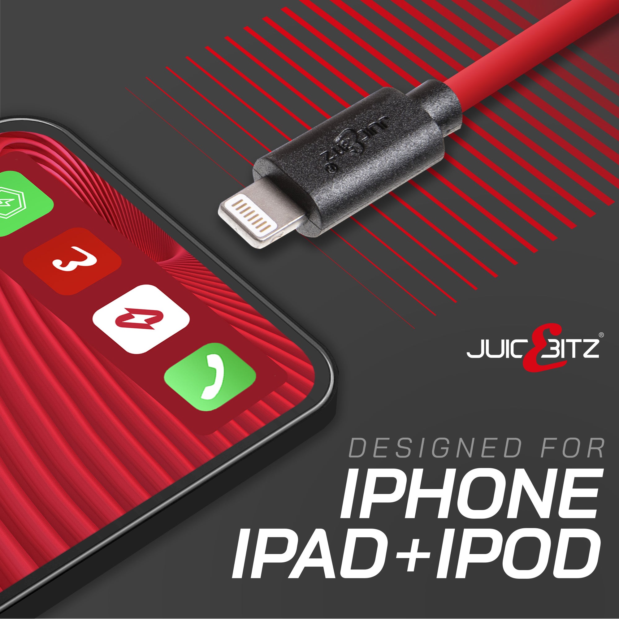 USB Charger Cable Data Sync Lead for iPhone, iPad, iPod - Red