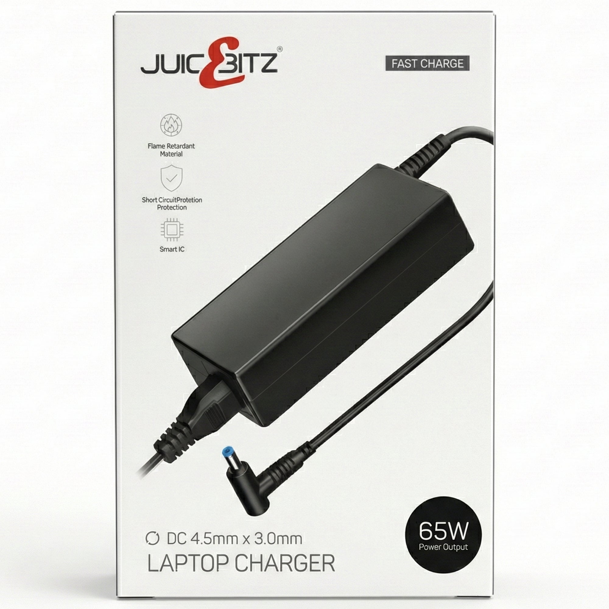 65W HP Laptop Charger - Round Tip 4.5mm x 3.0mm with fast charge capabilities and flame resistant material.