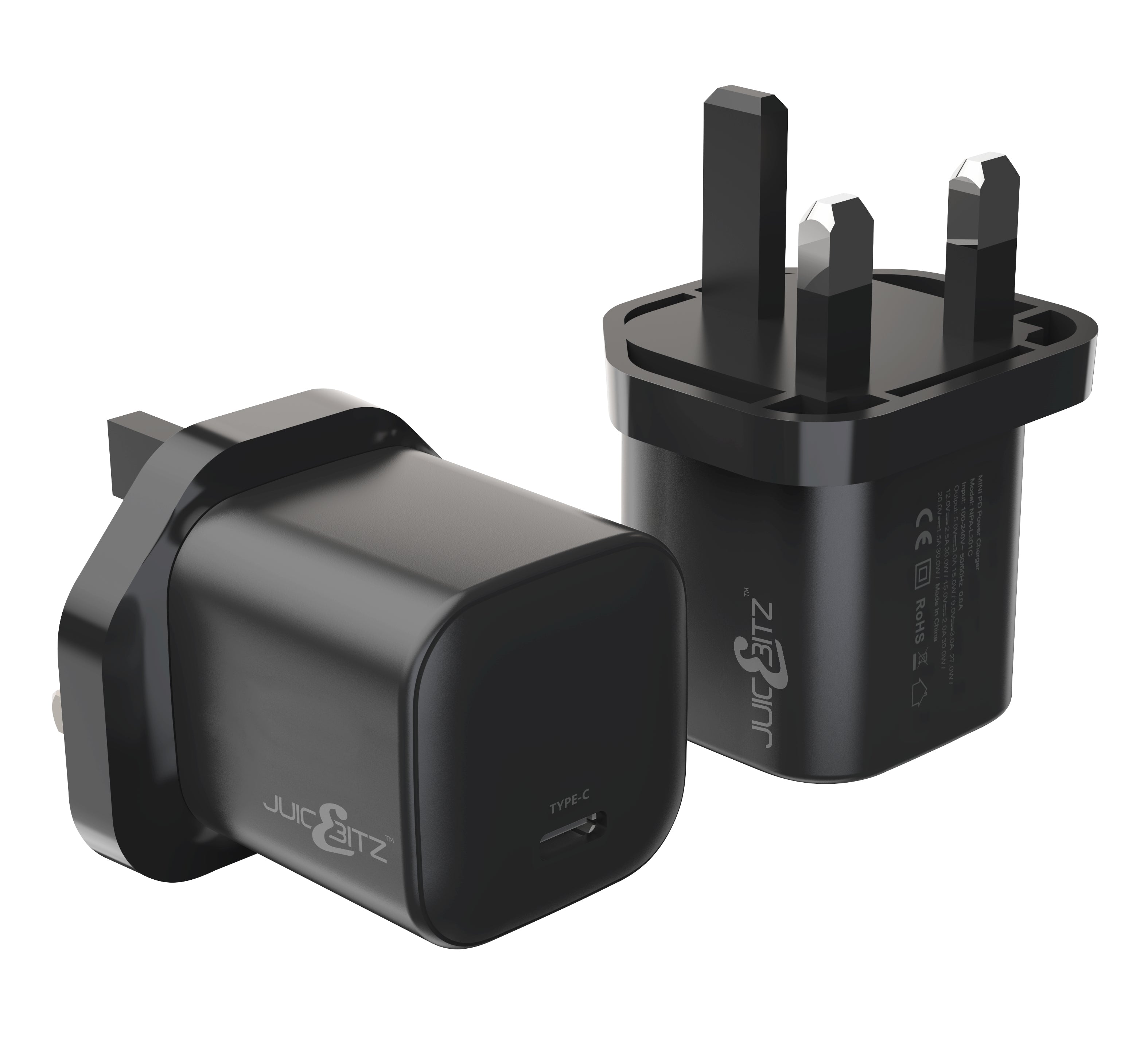 JuicEBrick™ PD3.0 20W Mini USB-C Fast Charger Mains Adapter UK Plug - Black