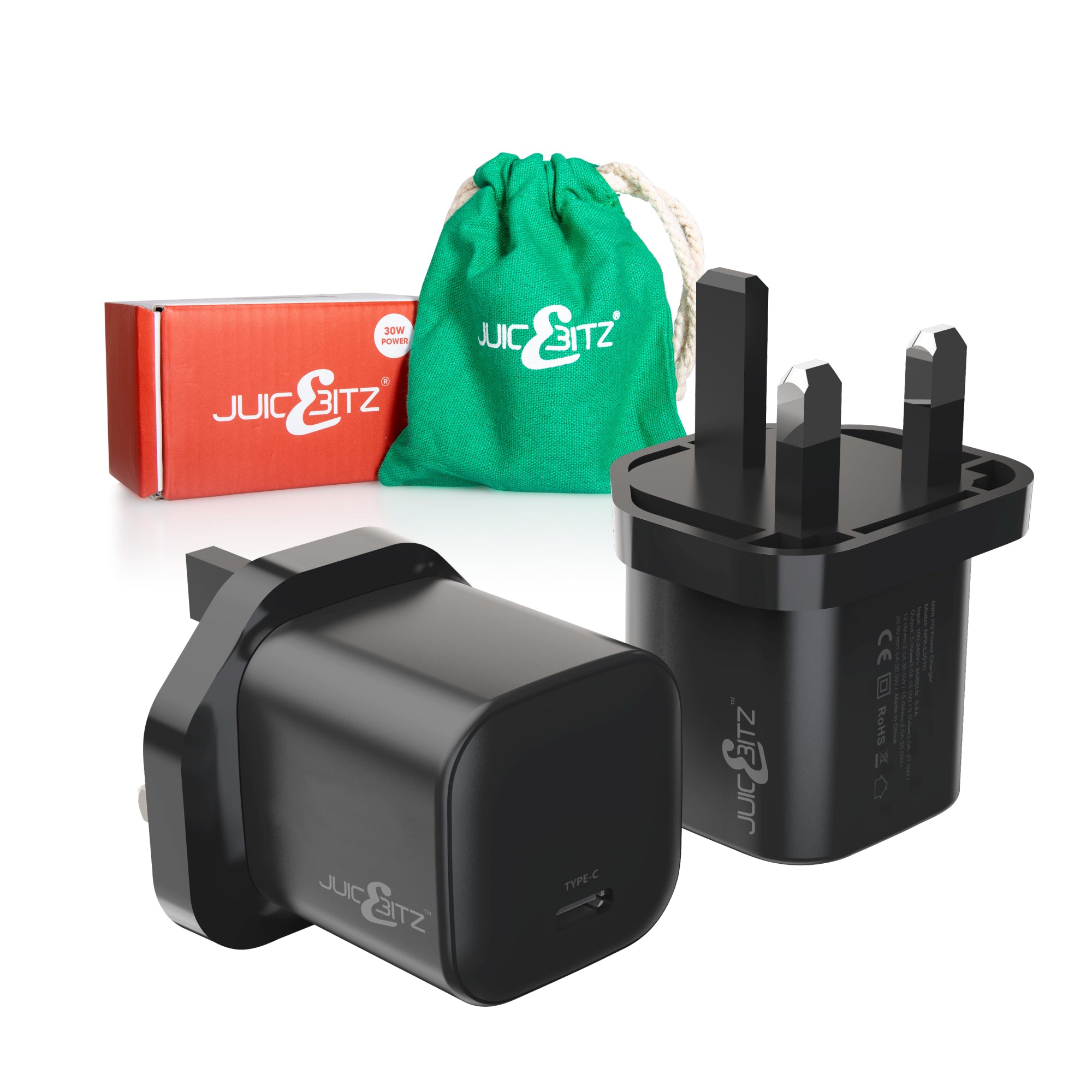 JuicEBrick™ PD3.0 30W PPS Mini USB-C Fast Charger Mains Adapter UK Plug - Black