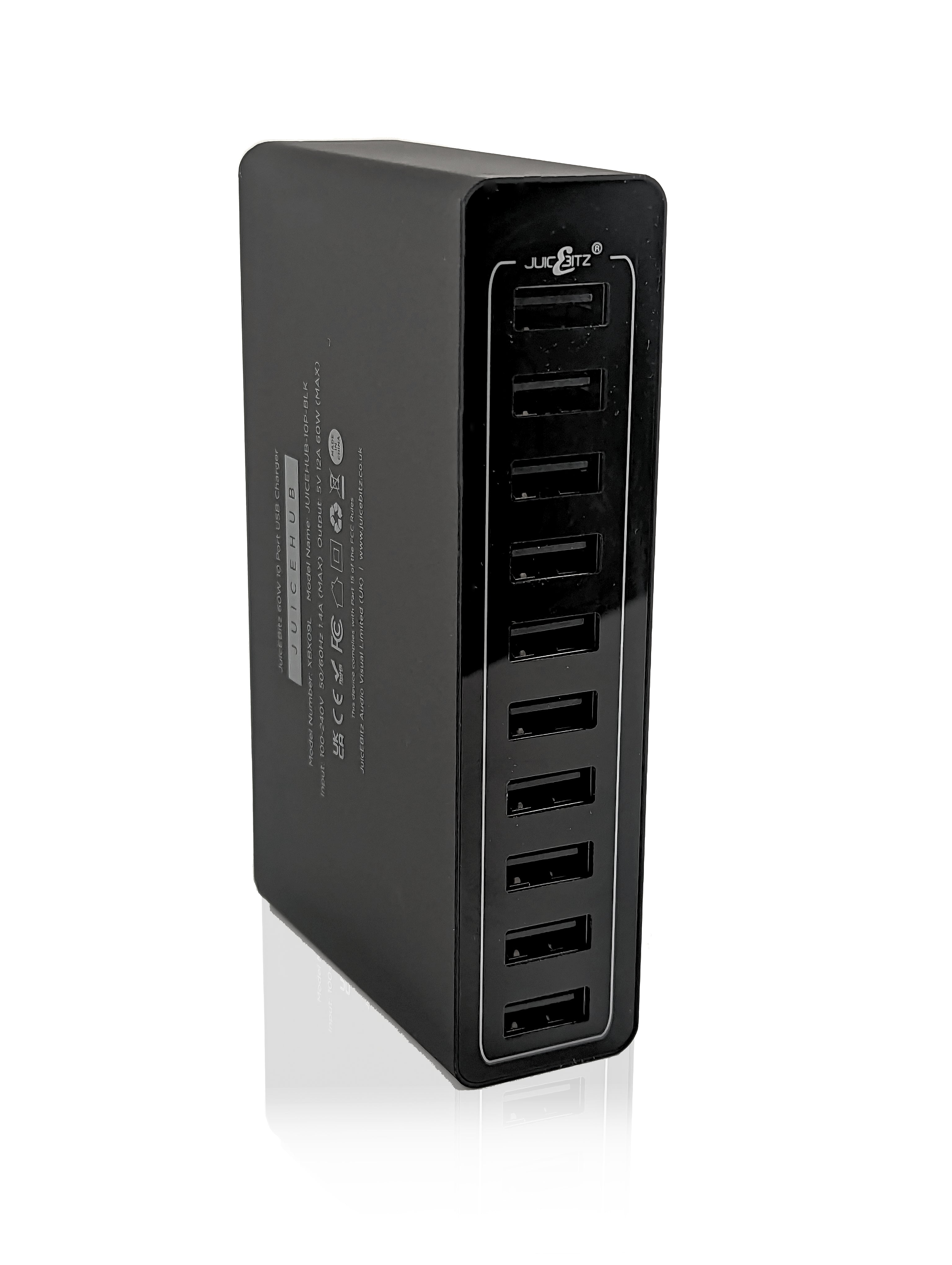 JuicEHub™ 60W 12A 5V Multi 10 Port USB Mini Desktop Charger - Black