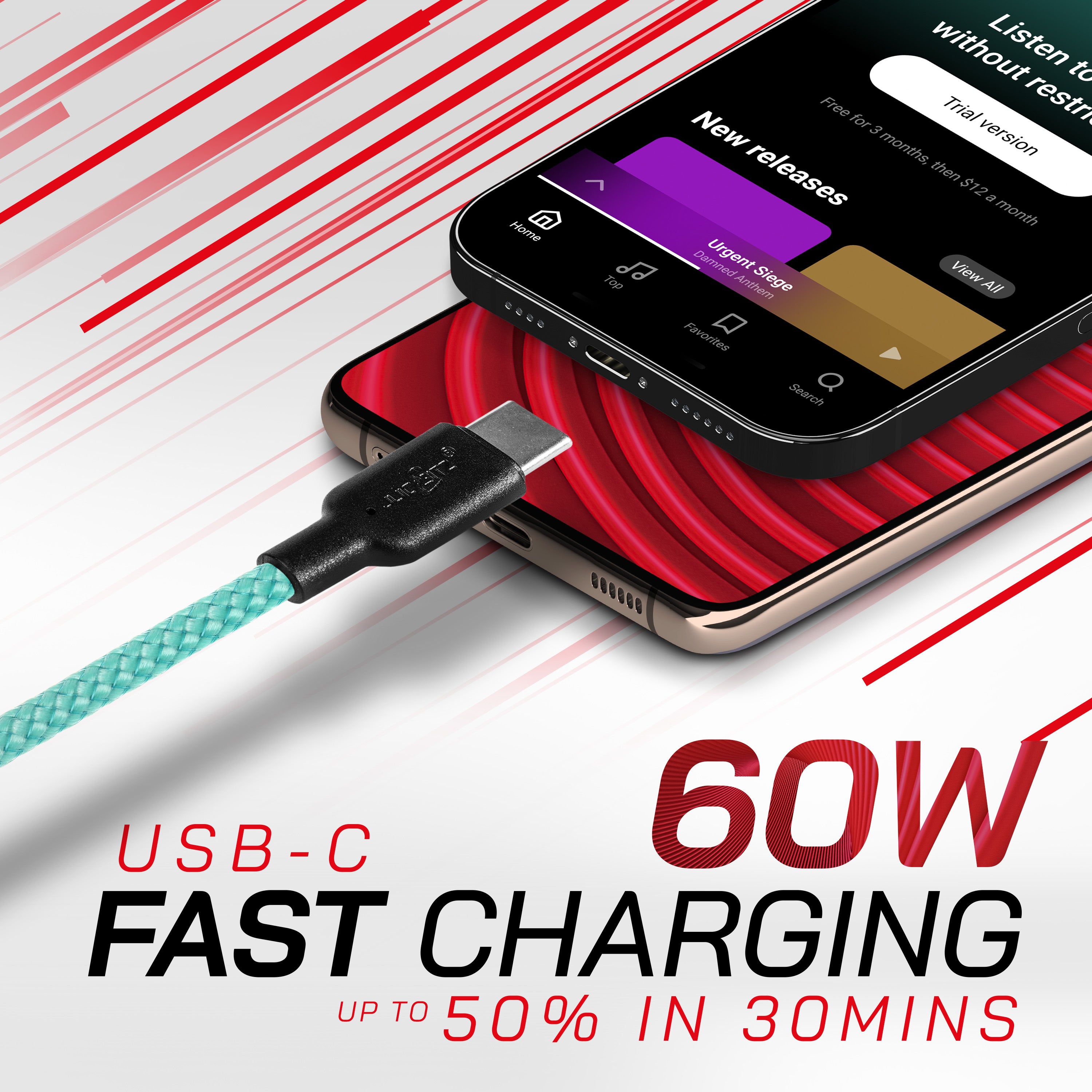 Braided USB-A to USB-C (USB2.0) 60W Fast Charger Data Cable - Turquoise