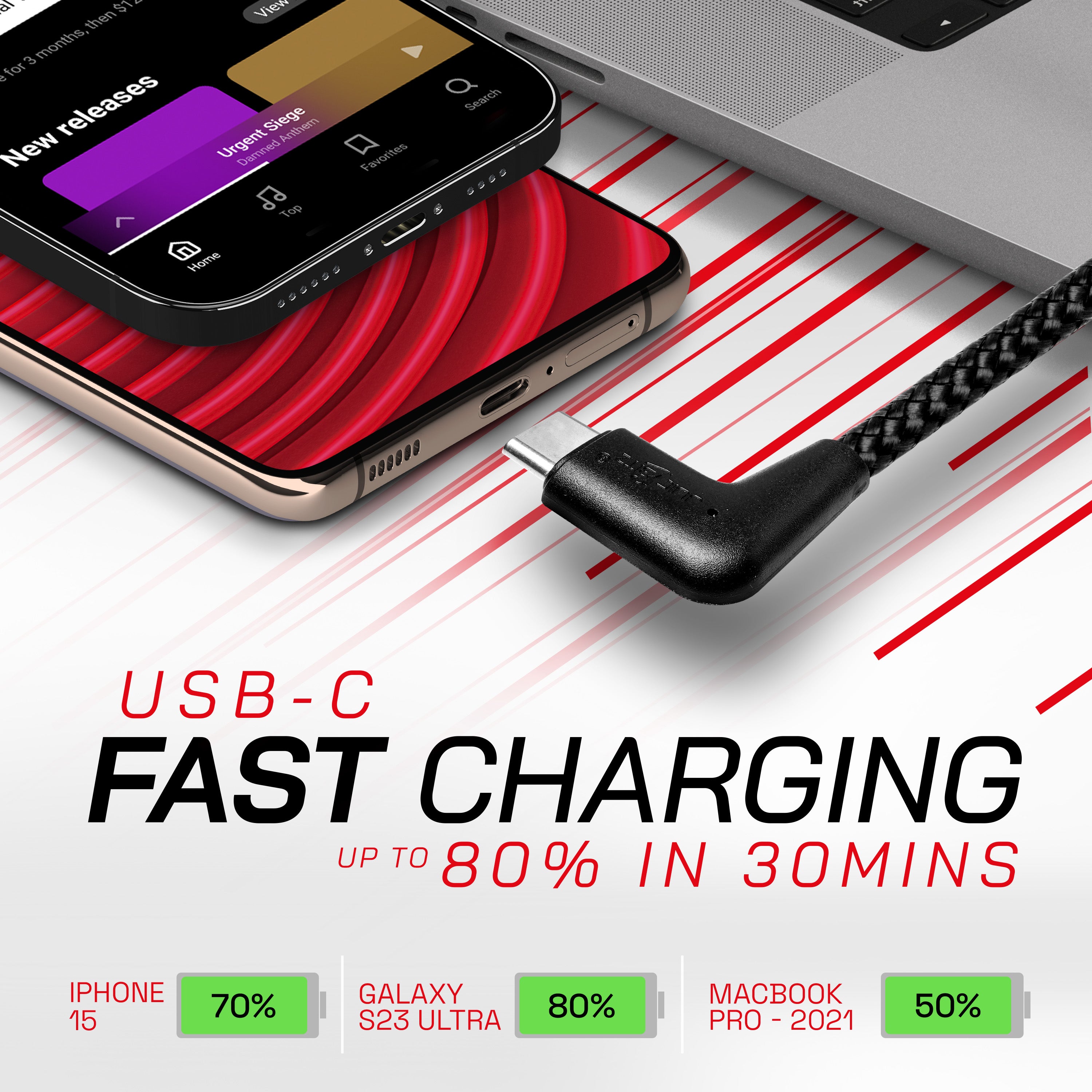 Braided USB-C to Angled USB-C (USB2.0) 100W PD Fast Charger Data Cable - Black