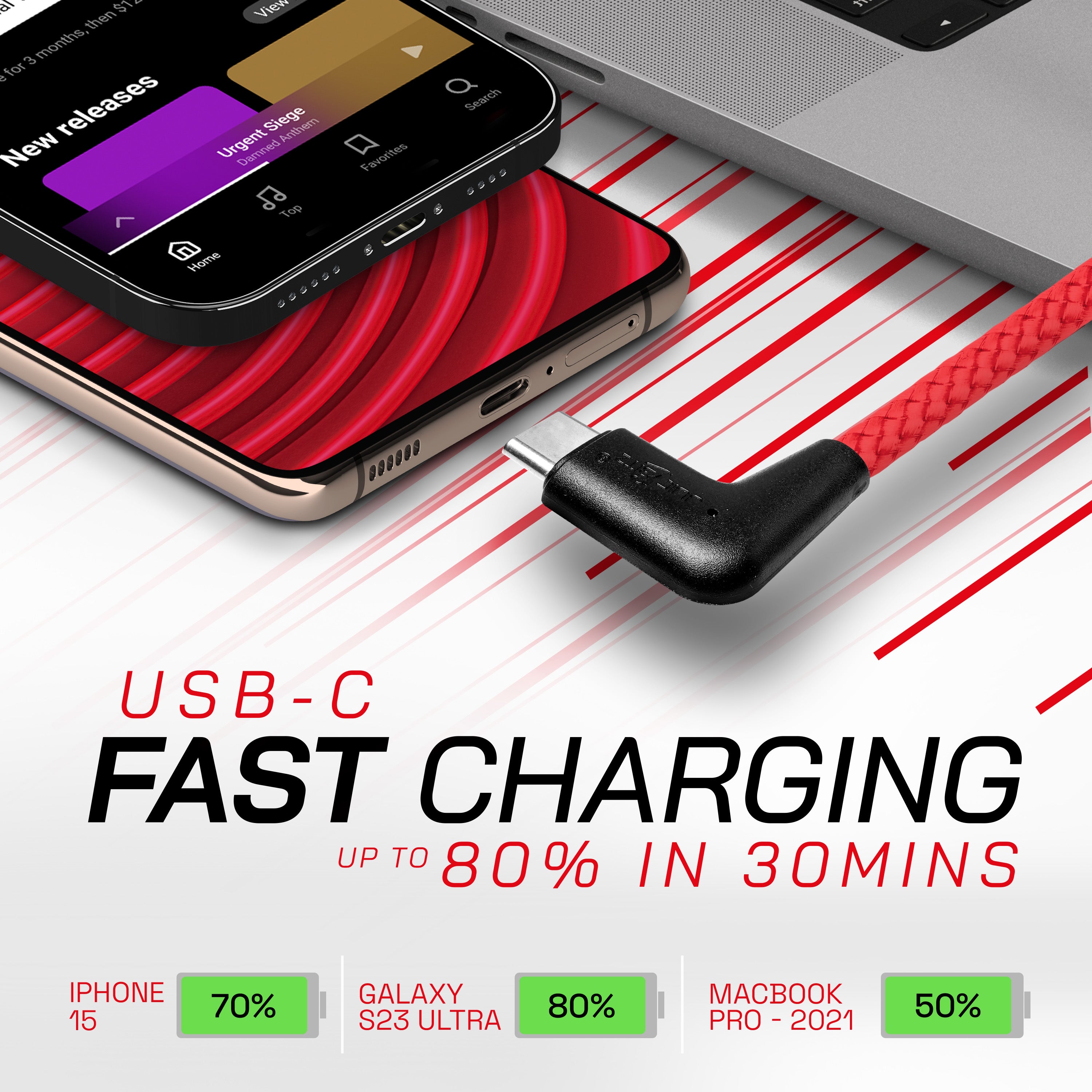 Braided USB-C to Angled USB-C (USB2.0) 100W PD Fast Charger Data Cable - Red