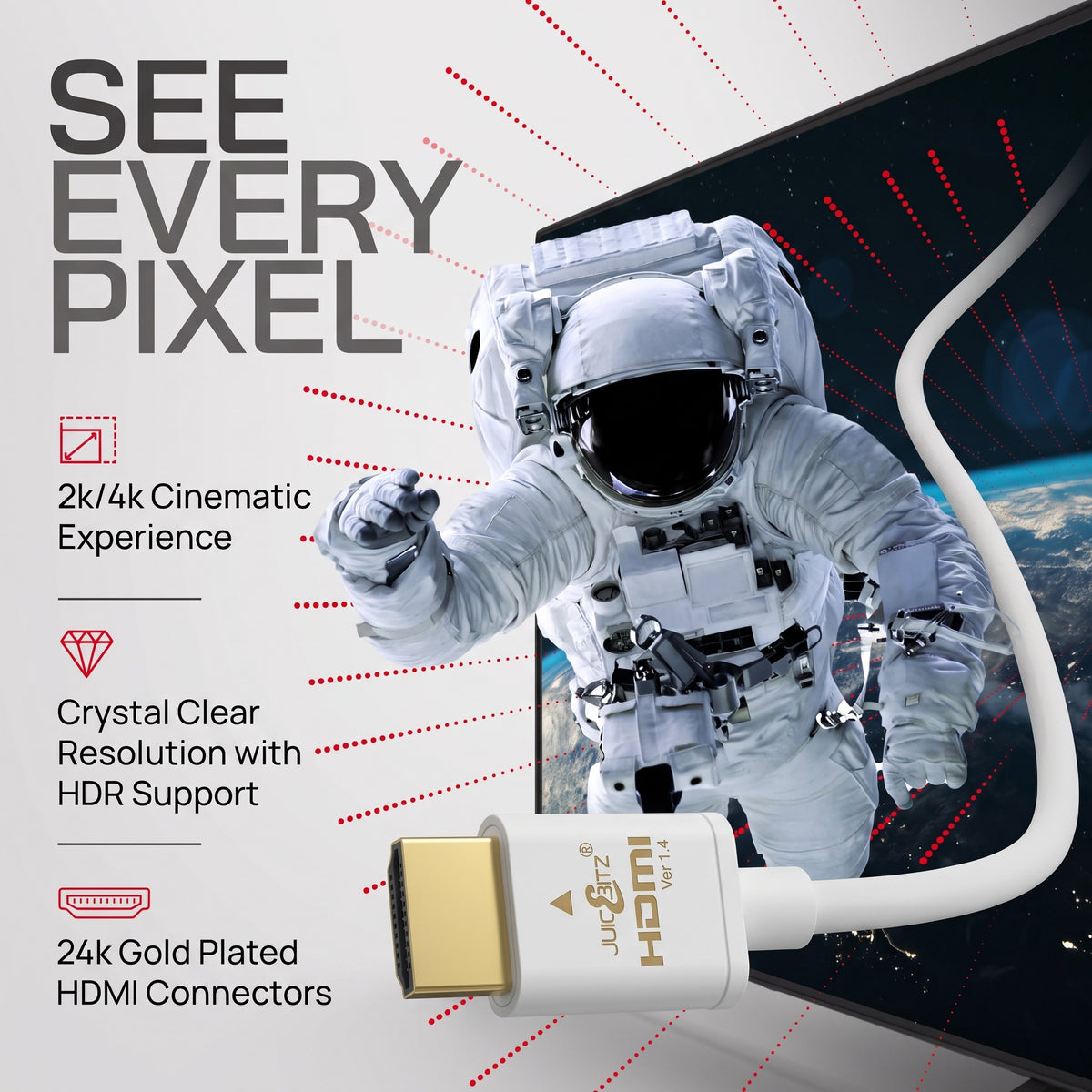Slim HDMI 1.4 High Speed HDMI Cable with Ethernet, CEC, ARC, Full HD - White