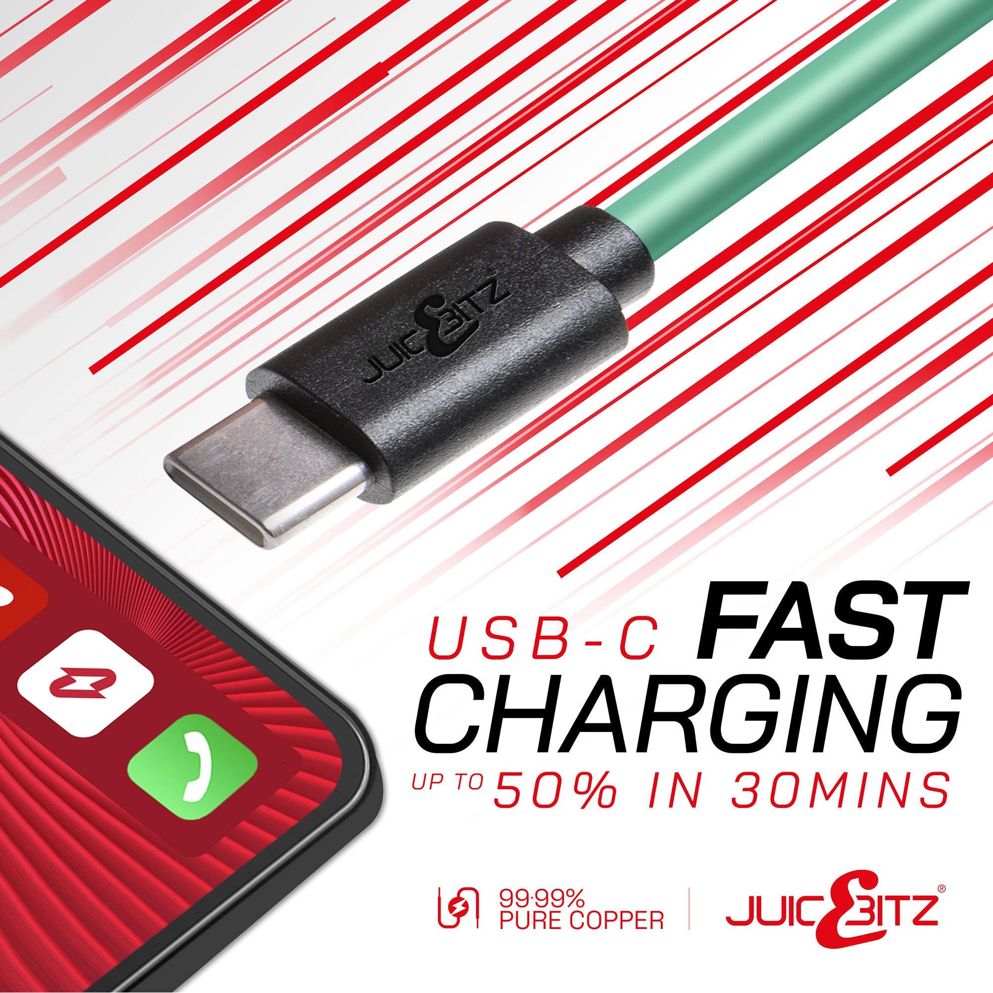 USB 2.0 Male to USB-C 3A Fast Charger Data Cable - Green