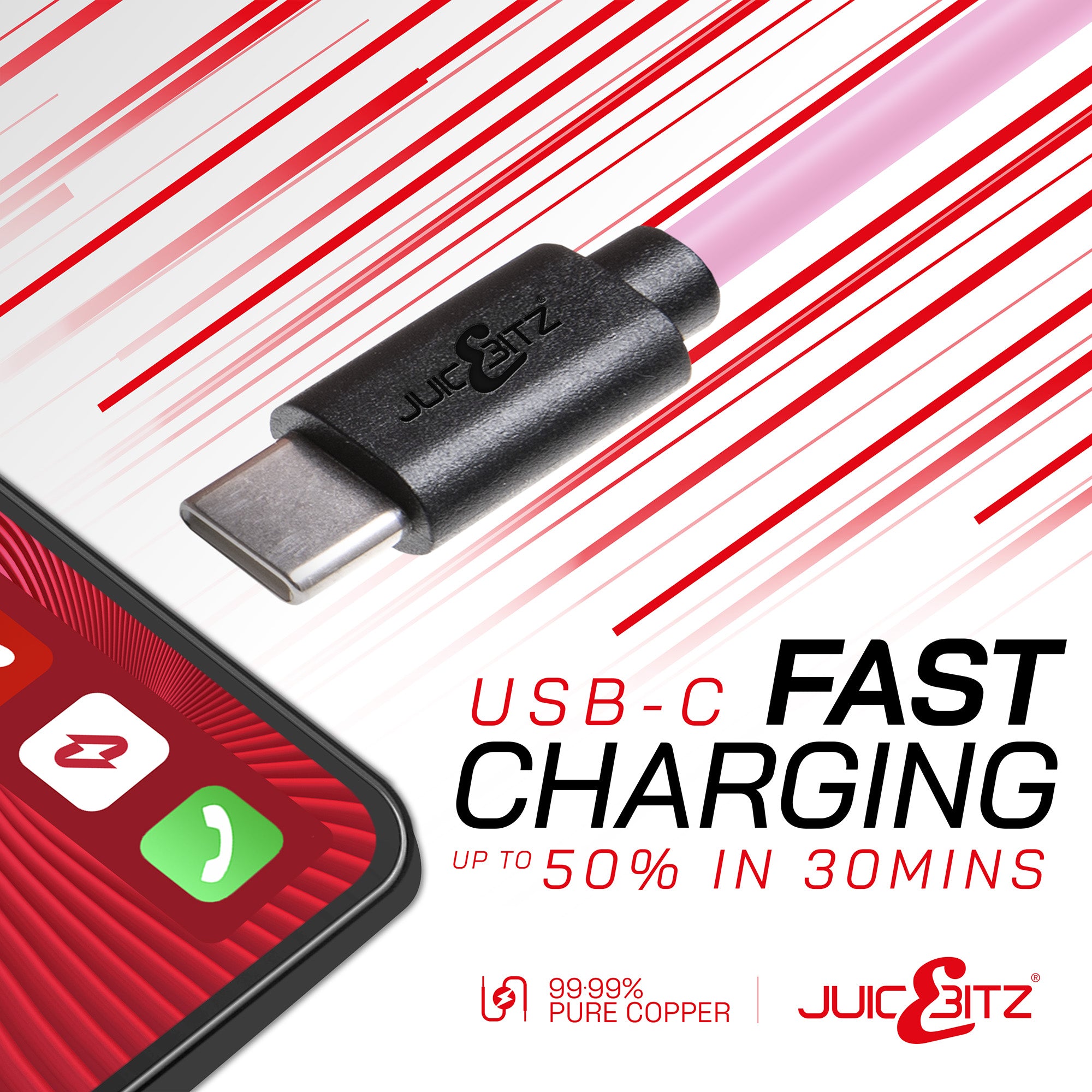 USB 2.0 Male to USB-C 3A Fast Charger Data Cable - Pink