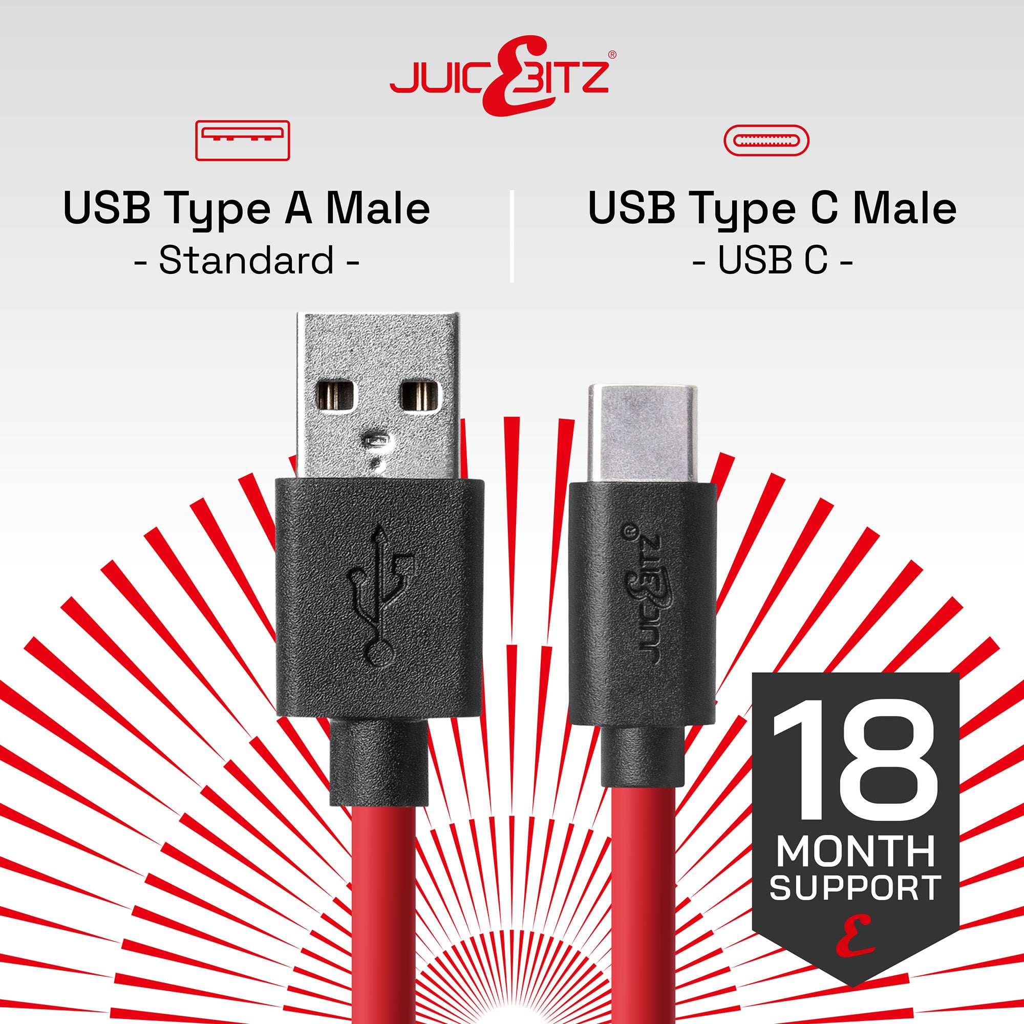 USB 2.0 Male to USB-C 3A Fast Charger Data Cable - Red