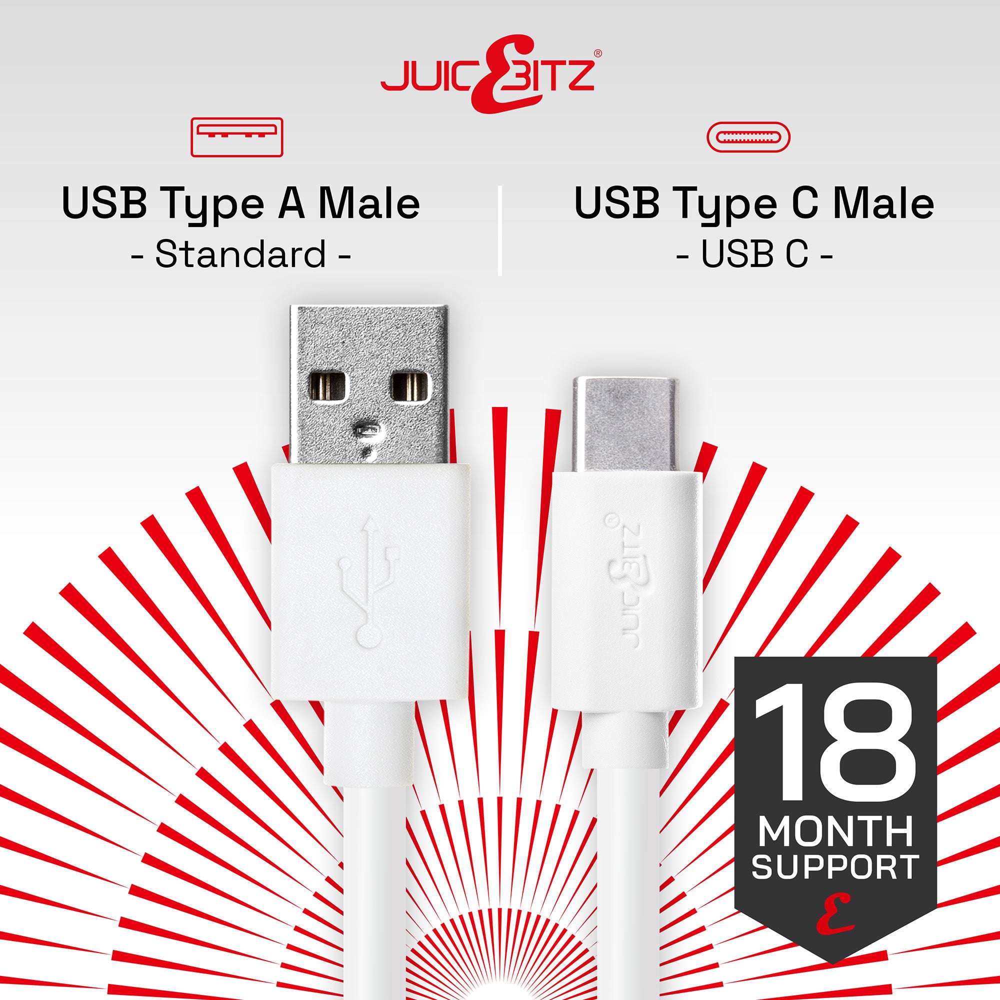 USB 2.0 Male to USB-C 3A Fast Charger Data Cable - White