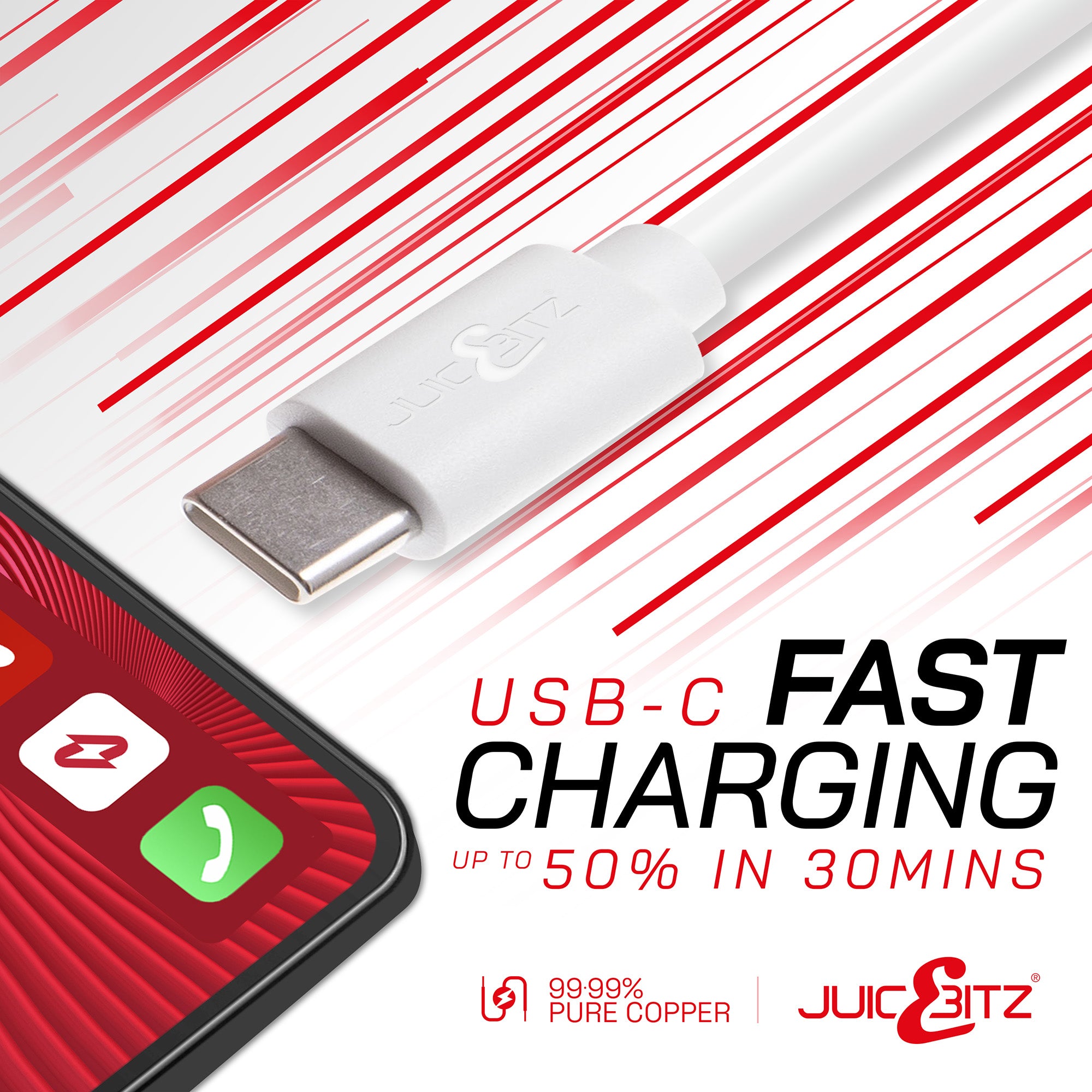 USB 2.0 Male to USB-C 3A Fast Charger Data Cable - White