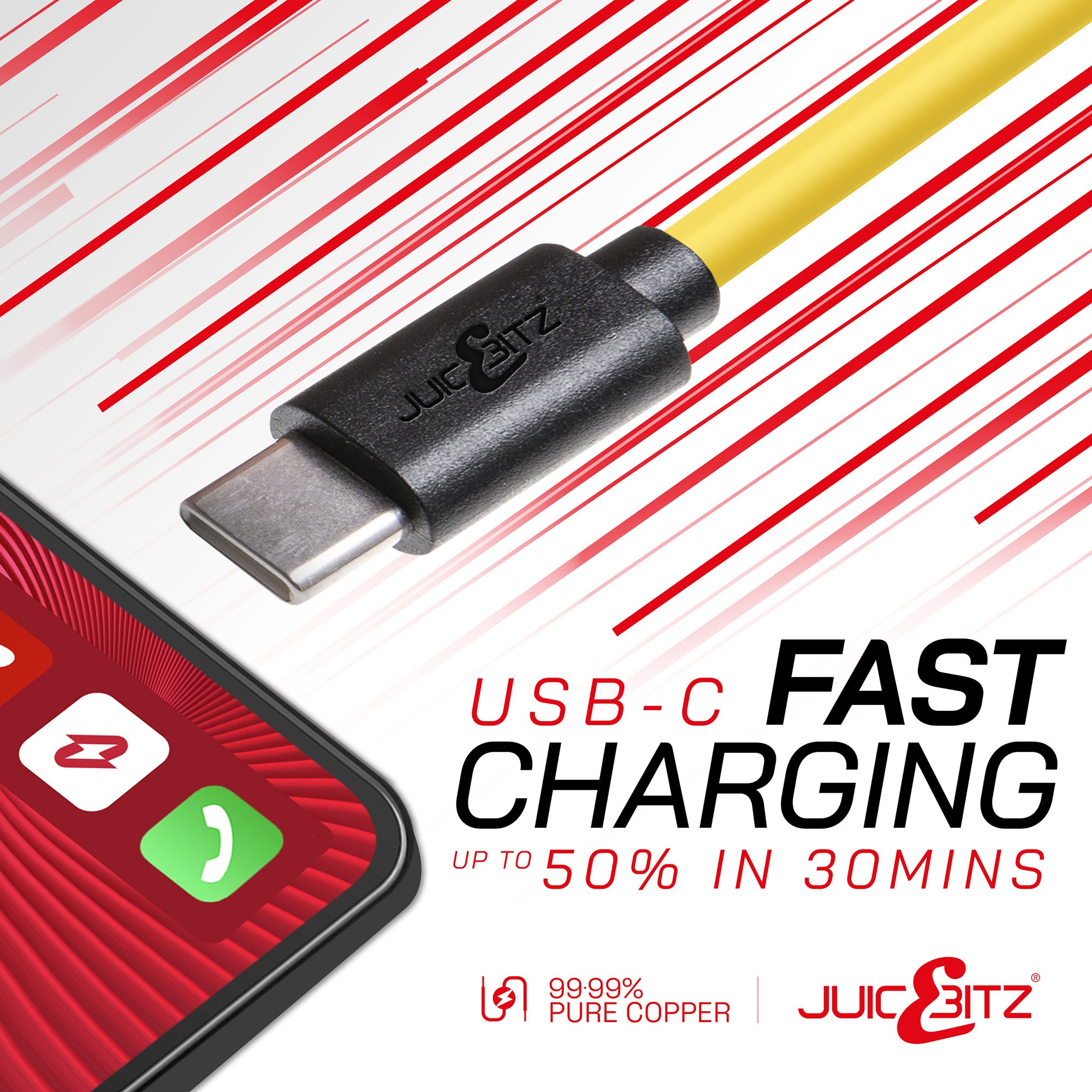 USB 2.0 Male to USB-C 3A Fast Charger Data Cable - Yellow