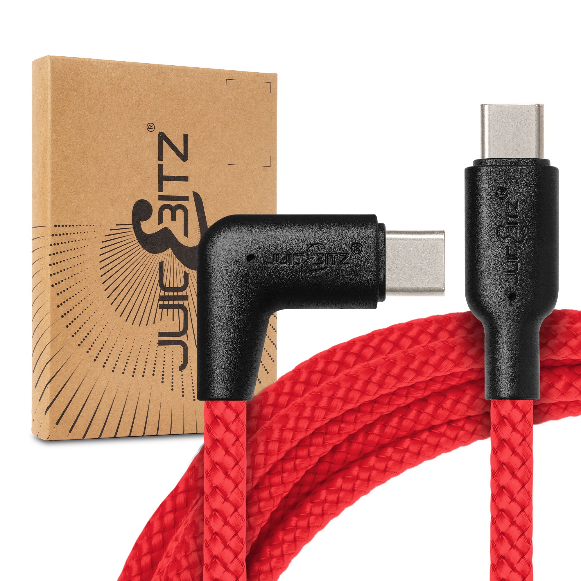 Braided USB-C to Angled USB-C (USB2.0) 100W PD Fast Charger Data Cable - Red