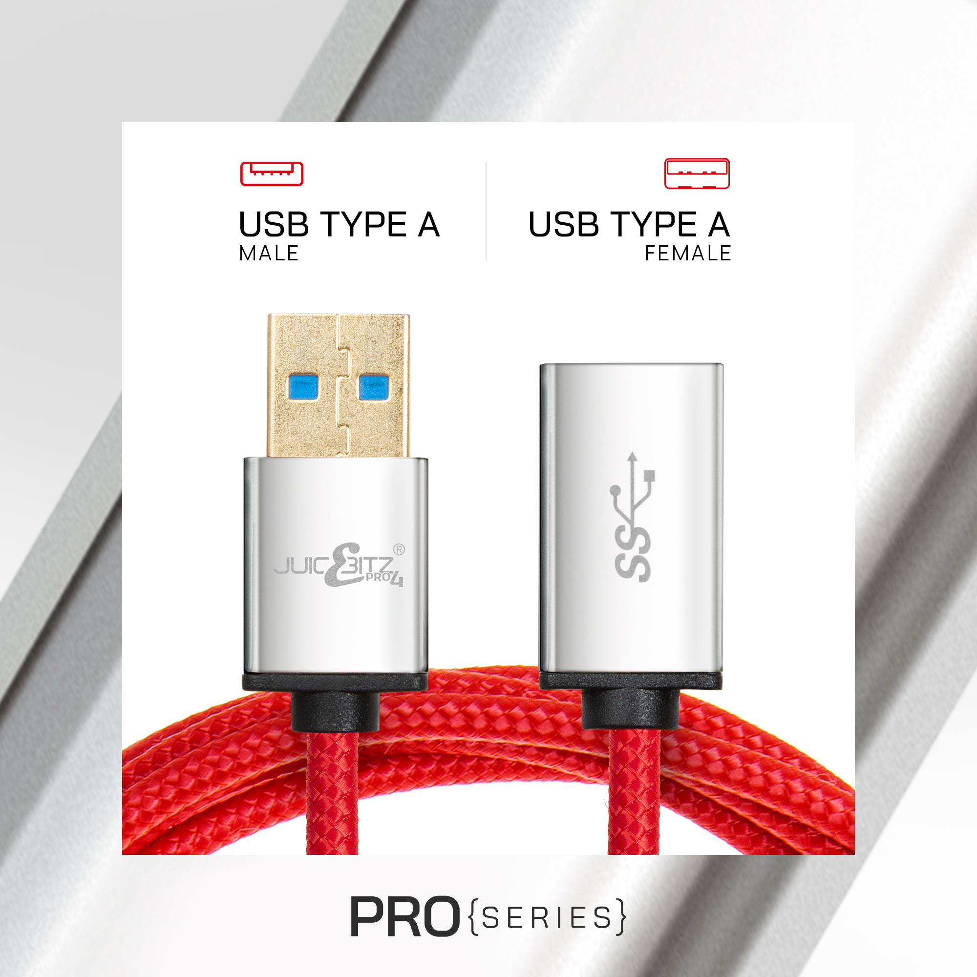 PRO Series Braided Superspeed Male to Female USB3.0 Extension Cable - Red