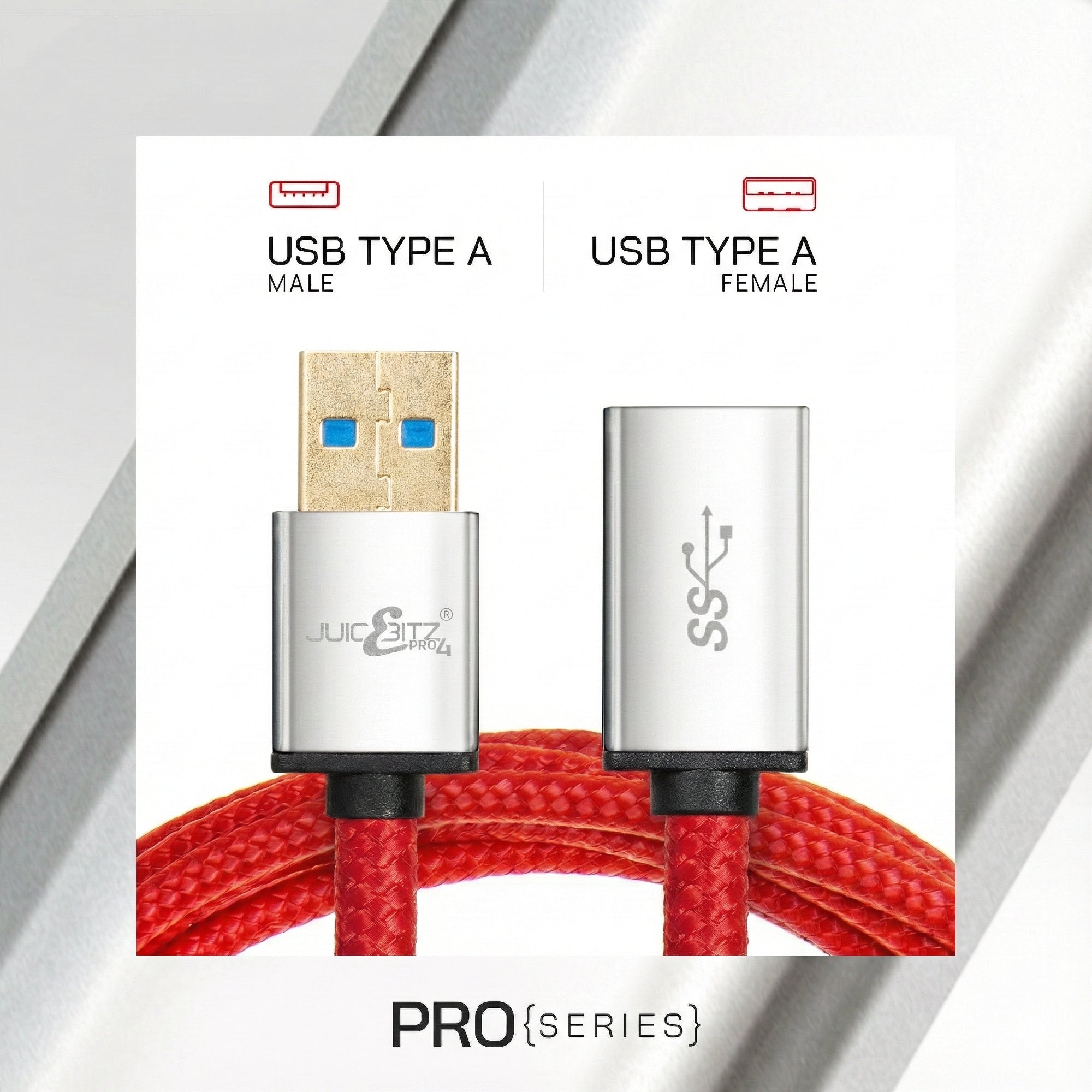 PRO Series Braided Superspeed Male to Female USB3.0 Extension Cable - Red