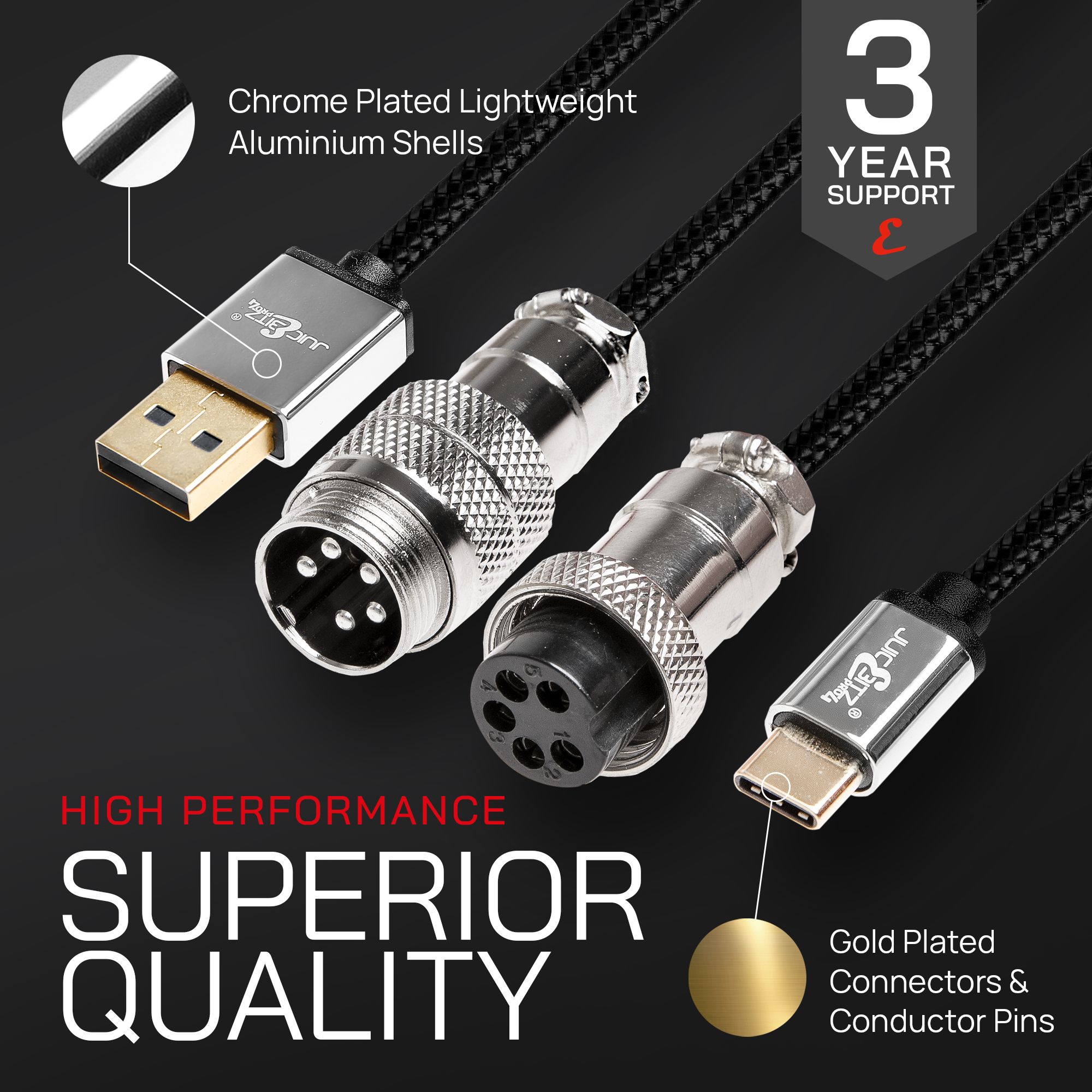 PRO Series Retractable Coiled USB 2.0 to GX16 + GX16 to USB-C Cable for Mechanical Keyboard - Black