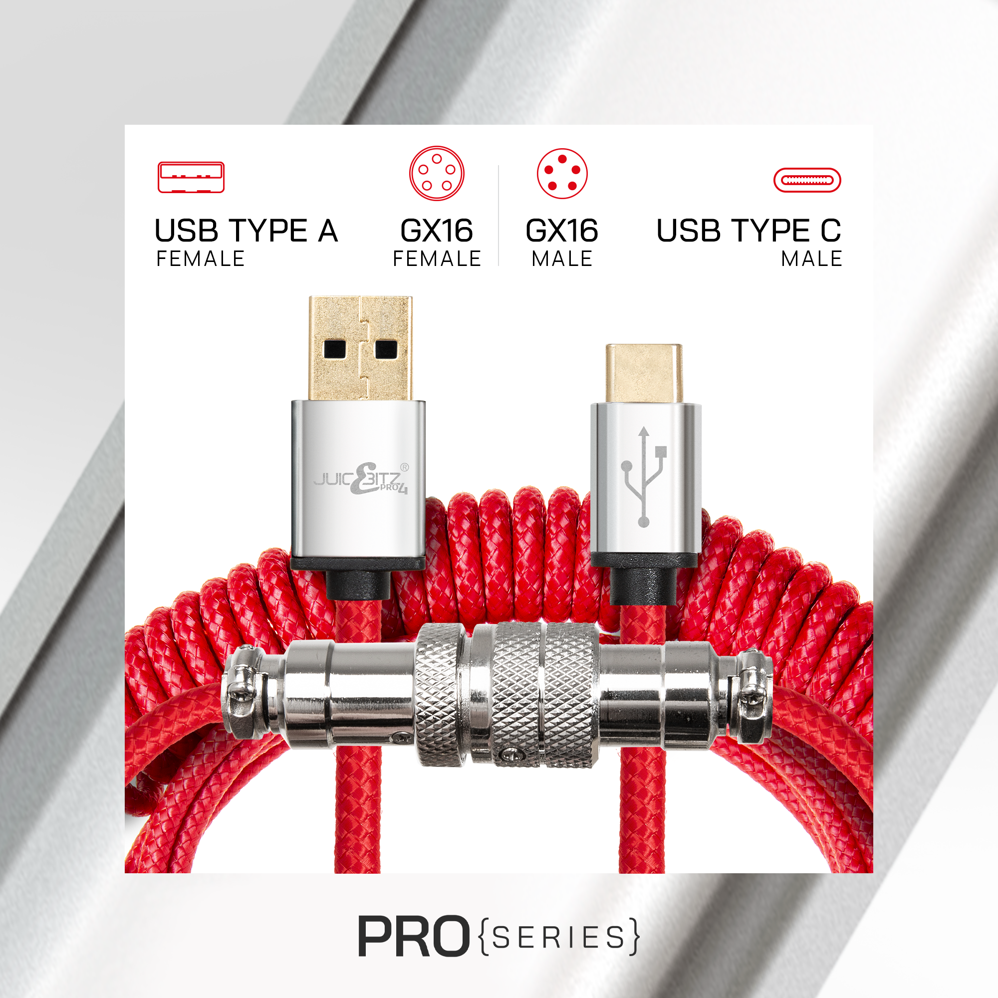 PRO Series Retractable Coiled USB 2.0 to GX16 + GX16 to USB-C Cable for Mechanical Keyboard - Red