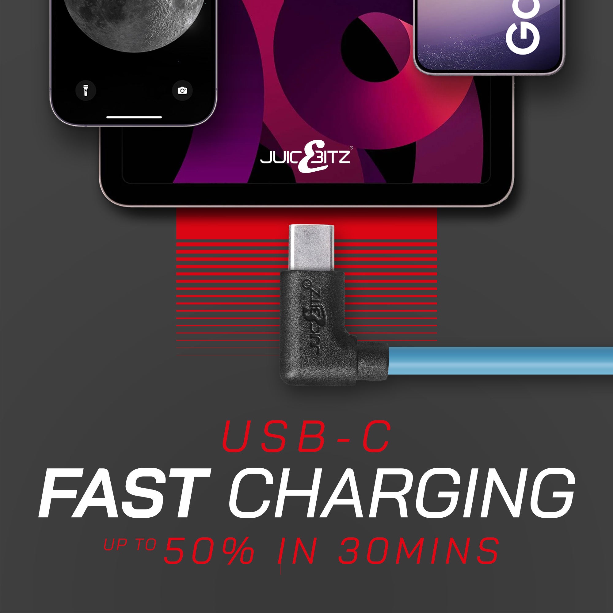 USB 2.0 Male to Angled USB-C 3A Fast Charger Data Cable - Blue