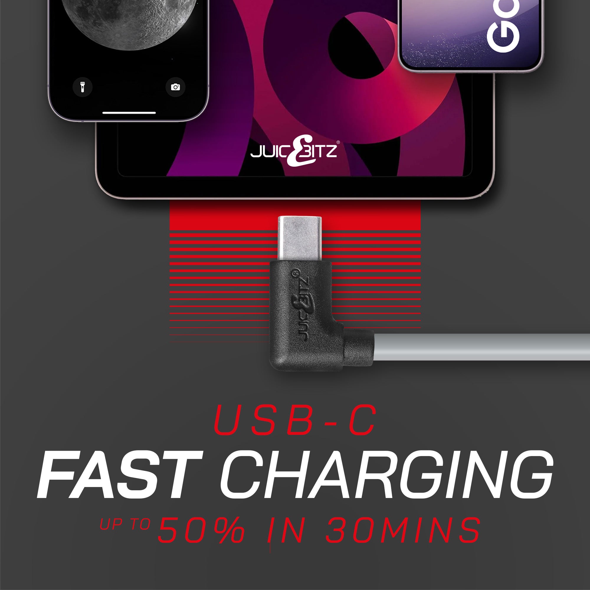 USB 2.0 Male to Angled USB-C 3A Fast Charger Data Cable - Grey