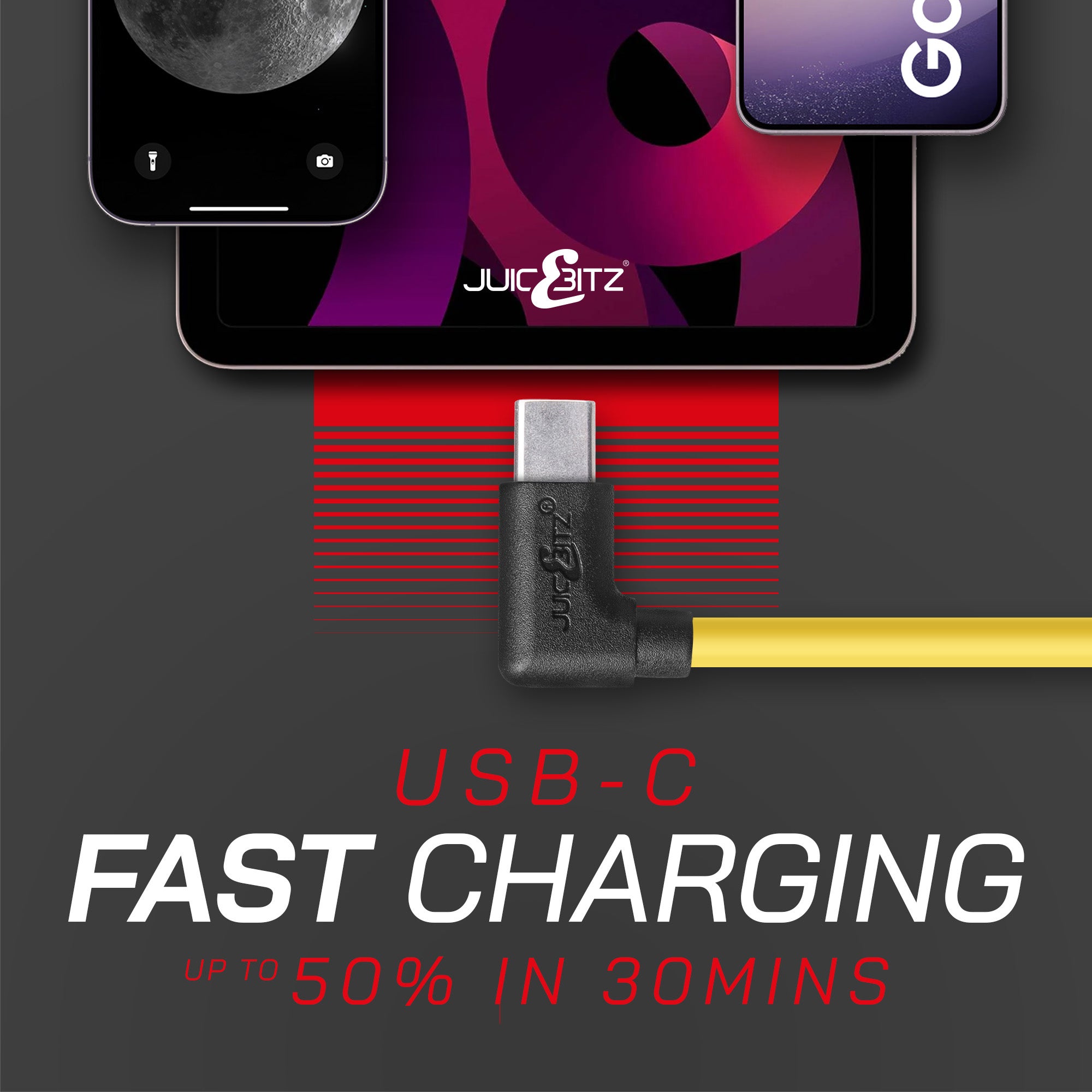 USB 2.0 Male to Angled USB-C 3A Fast Charger Data Cable - Yellow
