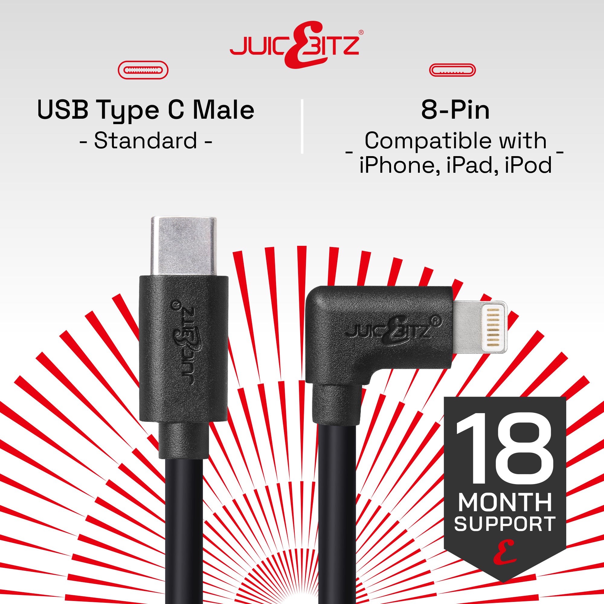 USB-C to 8 Pin Angled PD 20W Fast Charger Cable Sync Wire for iPhone 8 to 14, iPad Air/Pro - Black