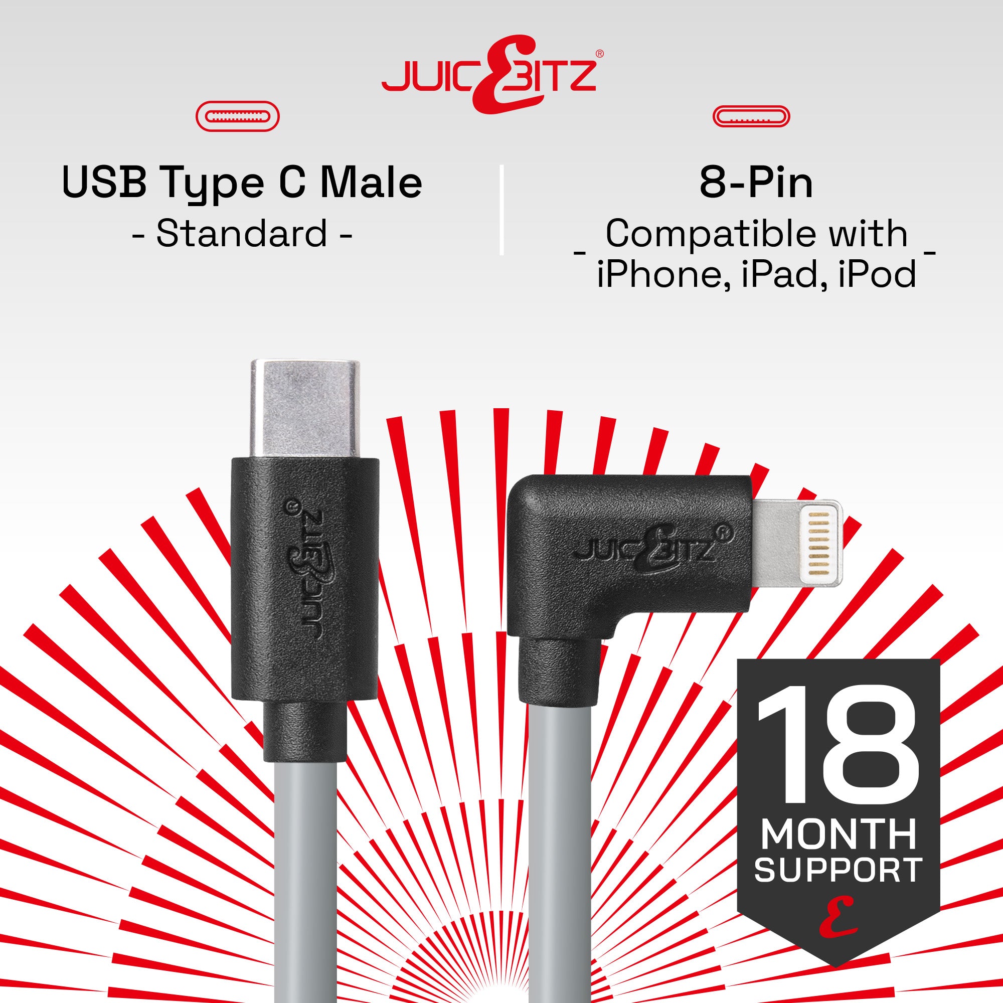 USB-C to 8 Pin Angled PD 20W Fast Charger Cable Sync Wire for iPhone 8 to 14, iPad Air/Pro - Grey