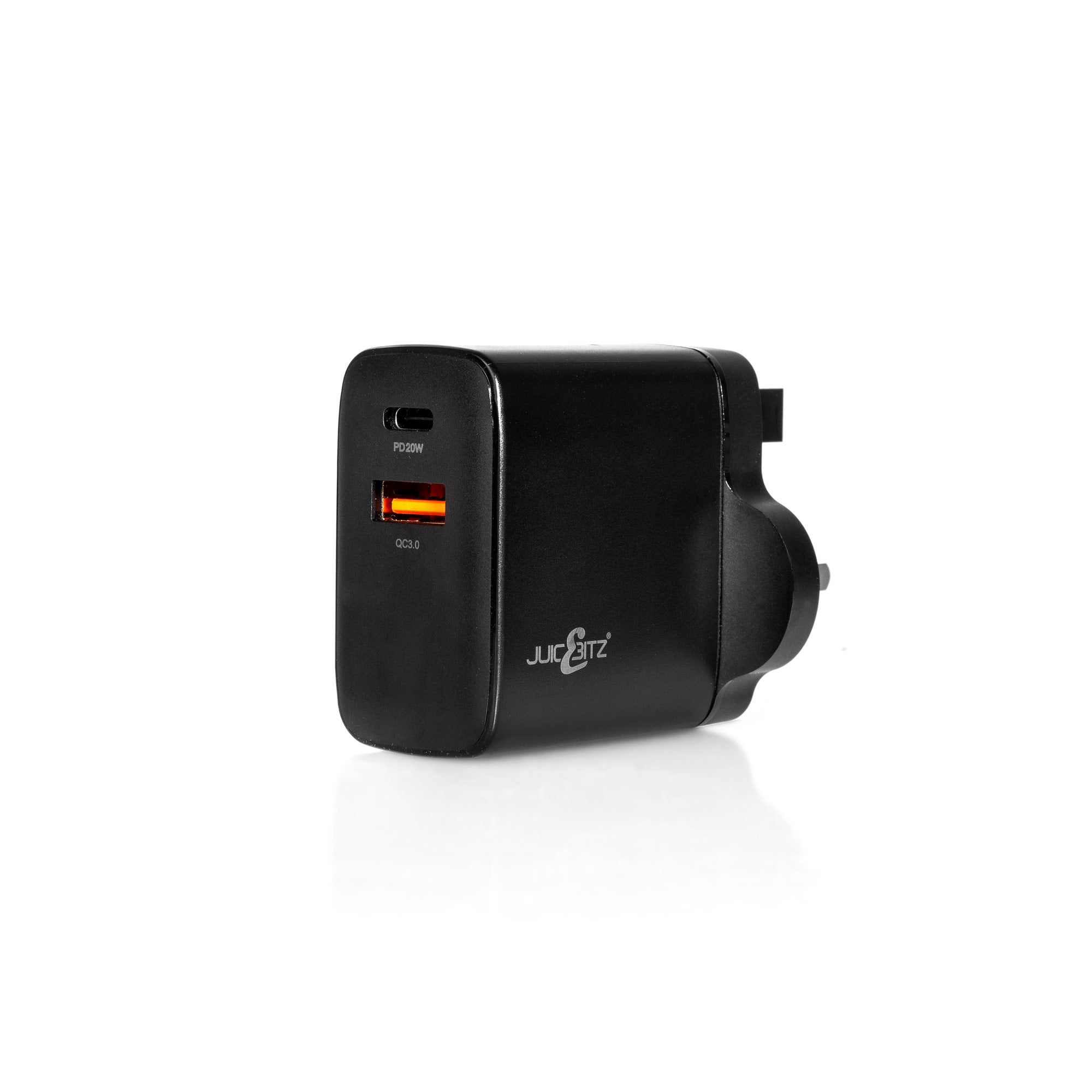 JuicEBrick™ 38W Dual Port QC3.0 USB + PD3.0 USB-C Fast Charger Mains Adapter UK Plug - Black