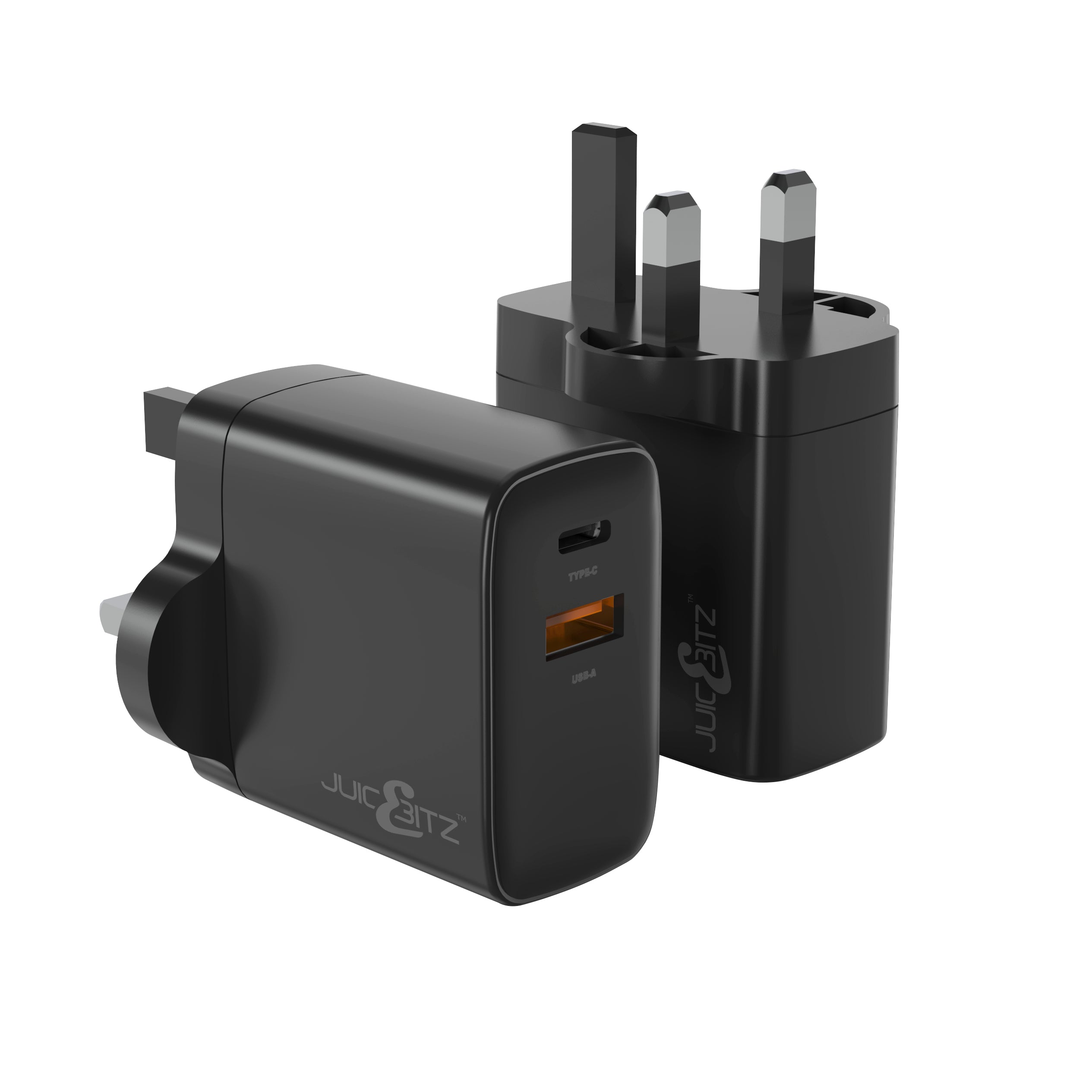 JuicEBrick™ 38W Dual Port QC3.0 USB + PD3.0 USB-C Fast Charger Mains Adapter UK Plug - Black